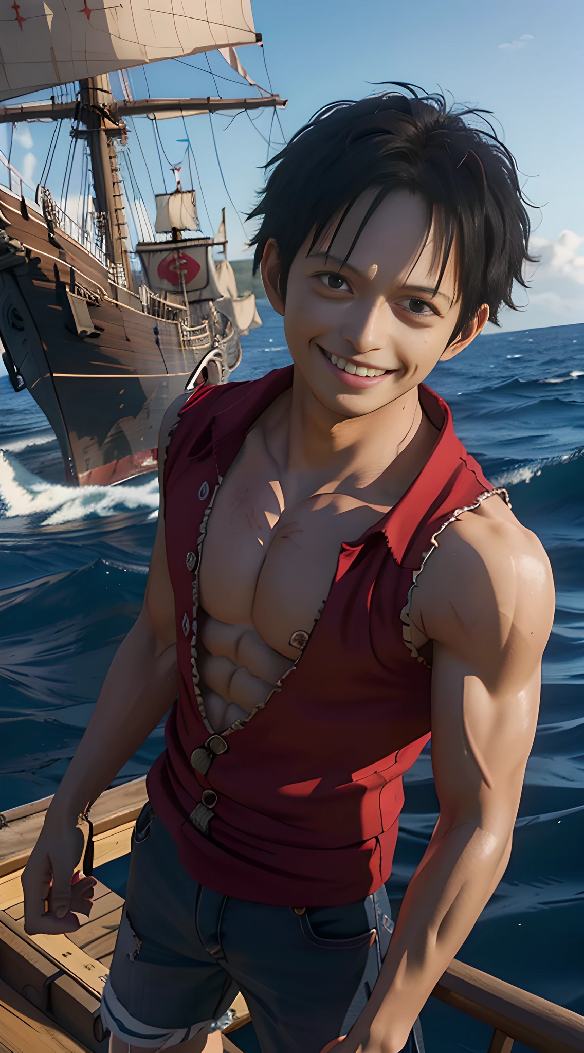 ((masterpiece:1.4, best quality)), ((masterpiece, best quality)), (photo realistic:1.4), 1boy, Japanese male, wanostyle, Monkey D. Luffy, ONE PIECE, straw hat, scars under the eyes, smiling, slender, muscular, pirate ship, sea, professional lighting, physically-based rendering