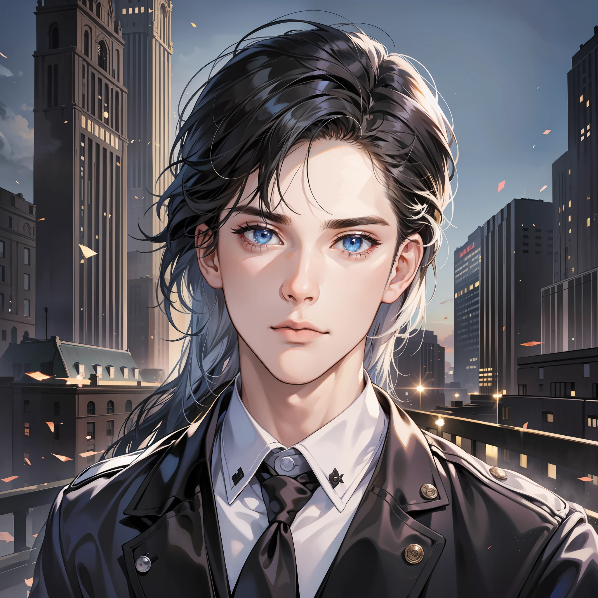 Masterpiece, high quality, best quality, HD, realistic, perfect lighting, detailed face, detailed body, 1 man, black school uniform, black hair, blue eyes, serious expression, standing on the top of the building, as if to jump off the building, the glittering light illuminates the night, the man's eyes are full of a mixture of determination and vulnerability, staring into the distance, the vista