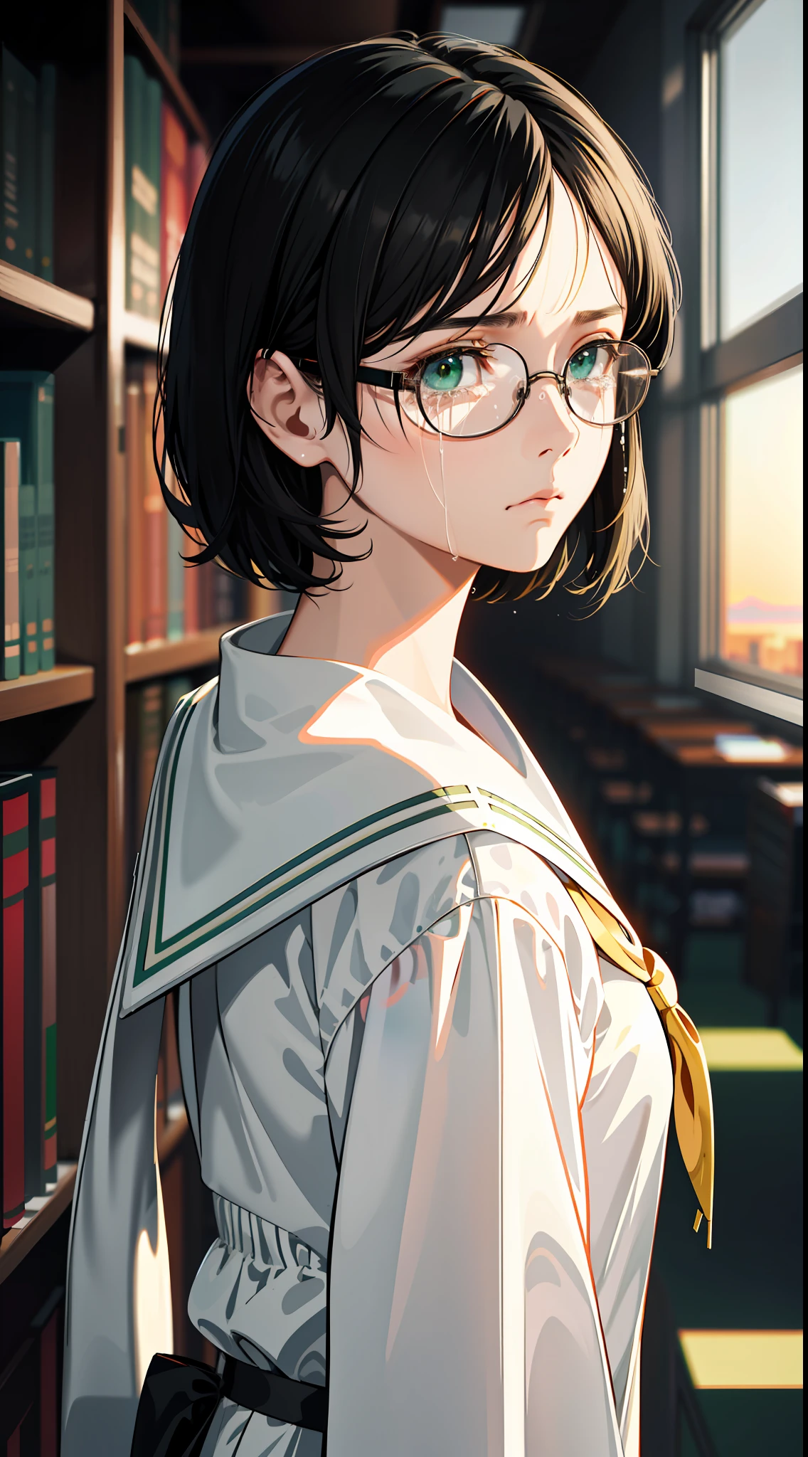 Anime Reference 86, school, atmosphere, alone, woman, girl, green eyes, (very short black hair), (round glasses), general uniform, white sailor suit, realistic face details, realism, 3D face, pretty face, (library), sunset light, (((sad expression)), crying face,