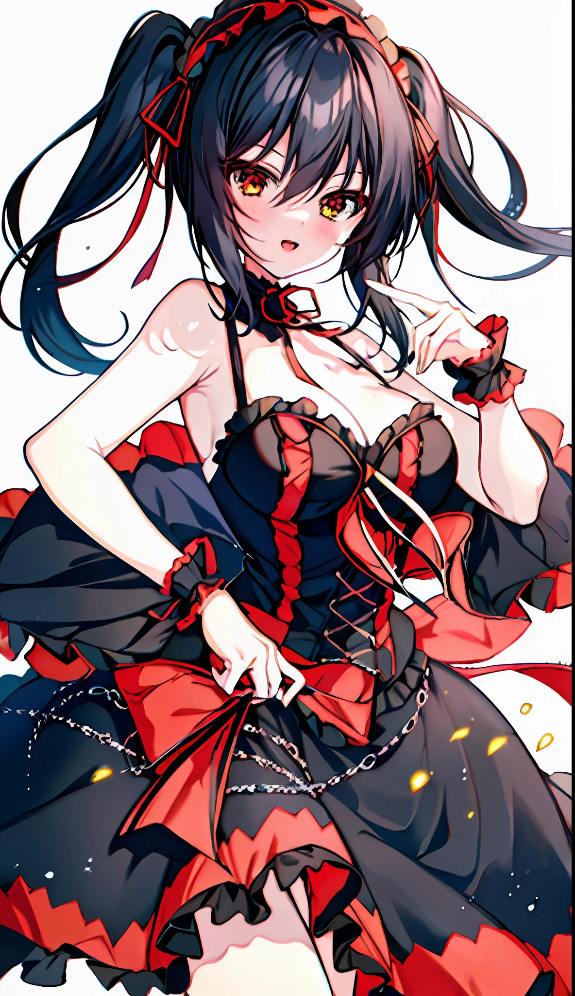 18 year old beautiful girl, masterpiece, top quality, 8K anime, 1 girl, detailed fingers, precise fingers, not unnatural hands, odd eyes, black hair twin tails, kurumi tokizaki, large breasts,