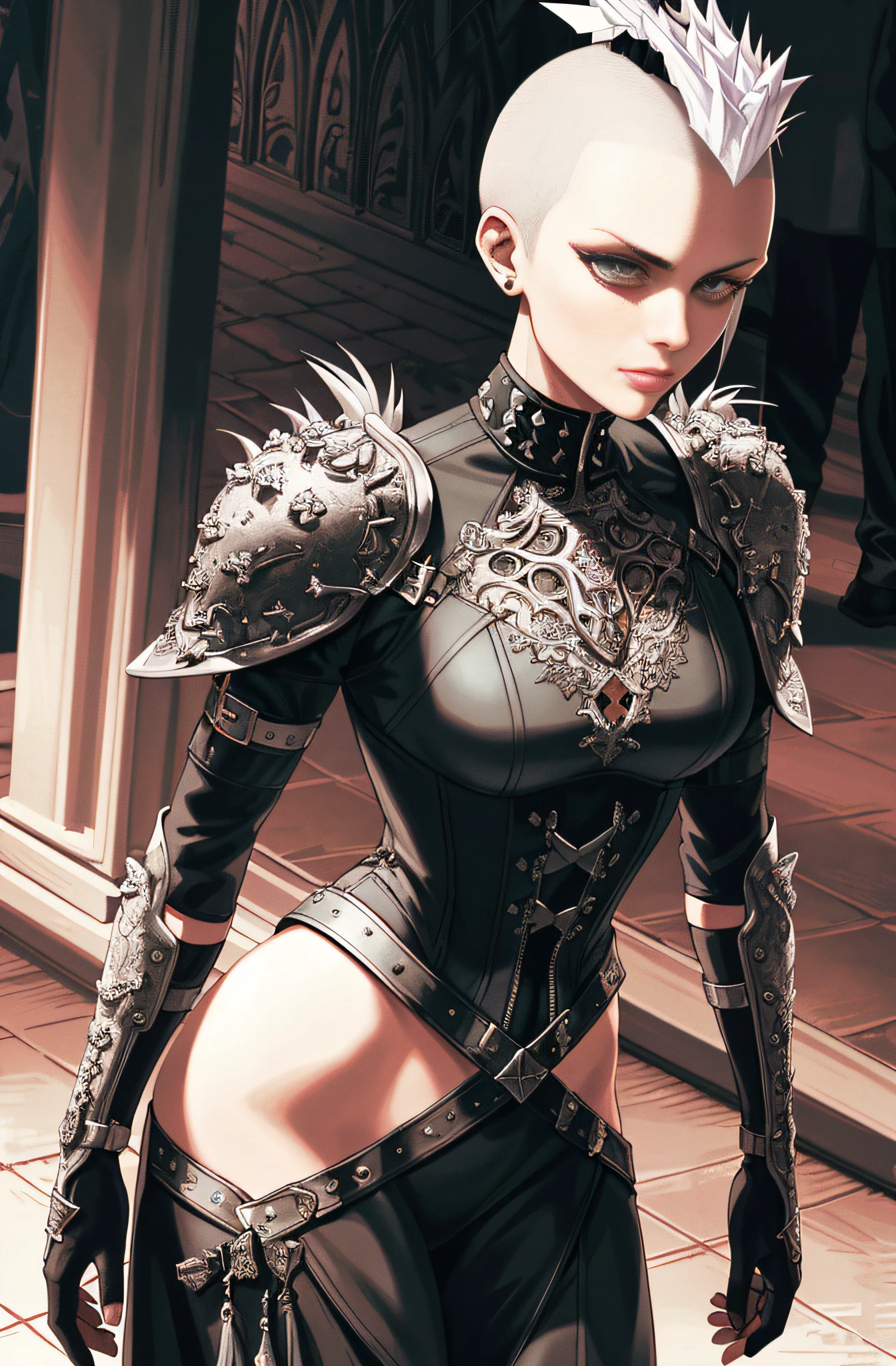 a close up of a person with a dagger in hilt, wearing studded leather armor, new character, female character, wearing intricate fur armor, lace bunad, with a light leather armor, adult female warrior, wearing leather assassin armor, Solo, Highest quality, Masterpiece, Dynamic, Highly detailed CG, Highly detailed 8K wallpaper, Highly detailed character, Standing upright, (very detailed and beautiful portrait), Medium bust, Beautiful lines ,woman with silver Mohawk and leather armor exploring hell, shaved head sides, (platinum hair:1.4), rogue, wrapped hands, (mohawk:1.5), strong, (character focus:1.2), (gates of hell:1.1), (fiery smoke in the distance:1.2), deep dungeon, poison flasks, portrait, solo, clear focus, (((side shaved hair))), green eyes, detailed portrait, looking at viewer, (around crowd:1.1), demons in background, (crowd of demons:1.4),sleeve tattoo, (gothic background:1.5), fog