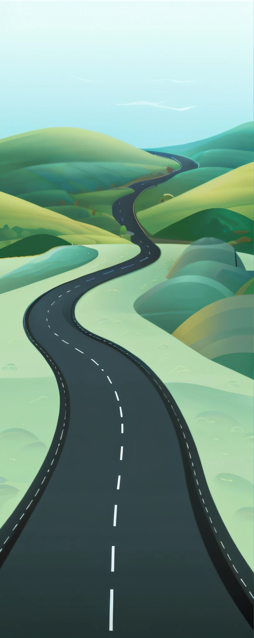 arafed road going through a hilly landscape with a green hill in the distance, road between hills, hilly road, artwork about a road to freedom, mobile game background, landscape illustration, random background scene, road, detailed scenery —width 672, created in adobe illustrator, stylized digital illustration, detailed digital illustration, long road, matte illustration