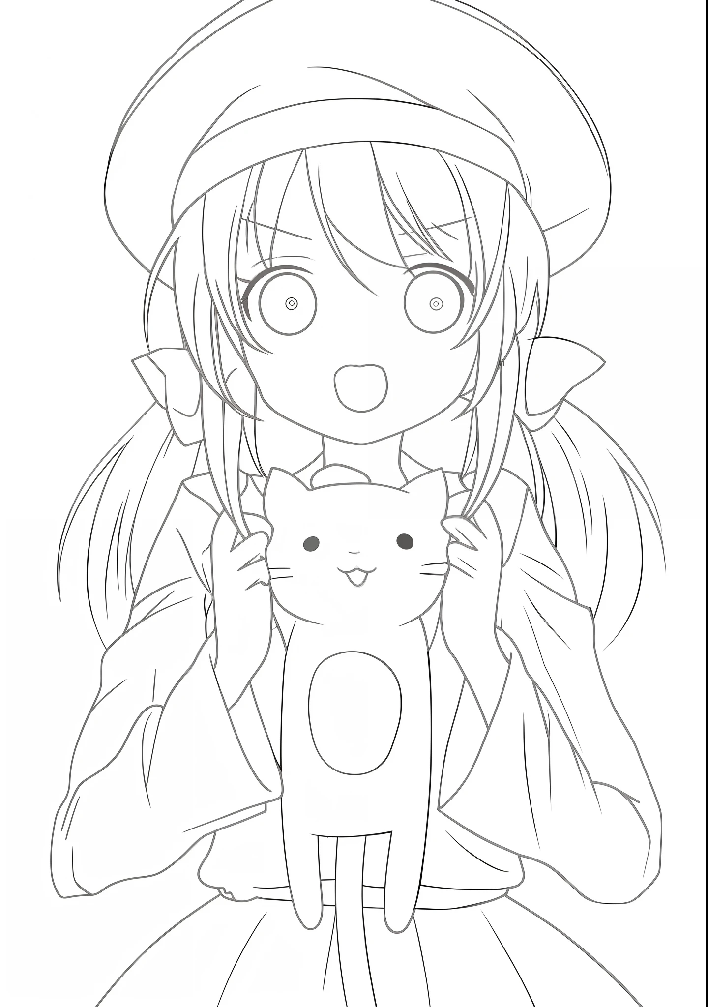 Drawing of a girl holding a cat in her arms, illustration style, anime girl with cat ears, colored, ink, colorful