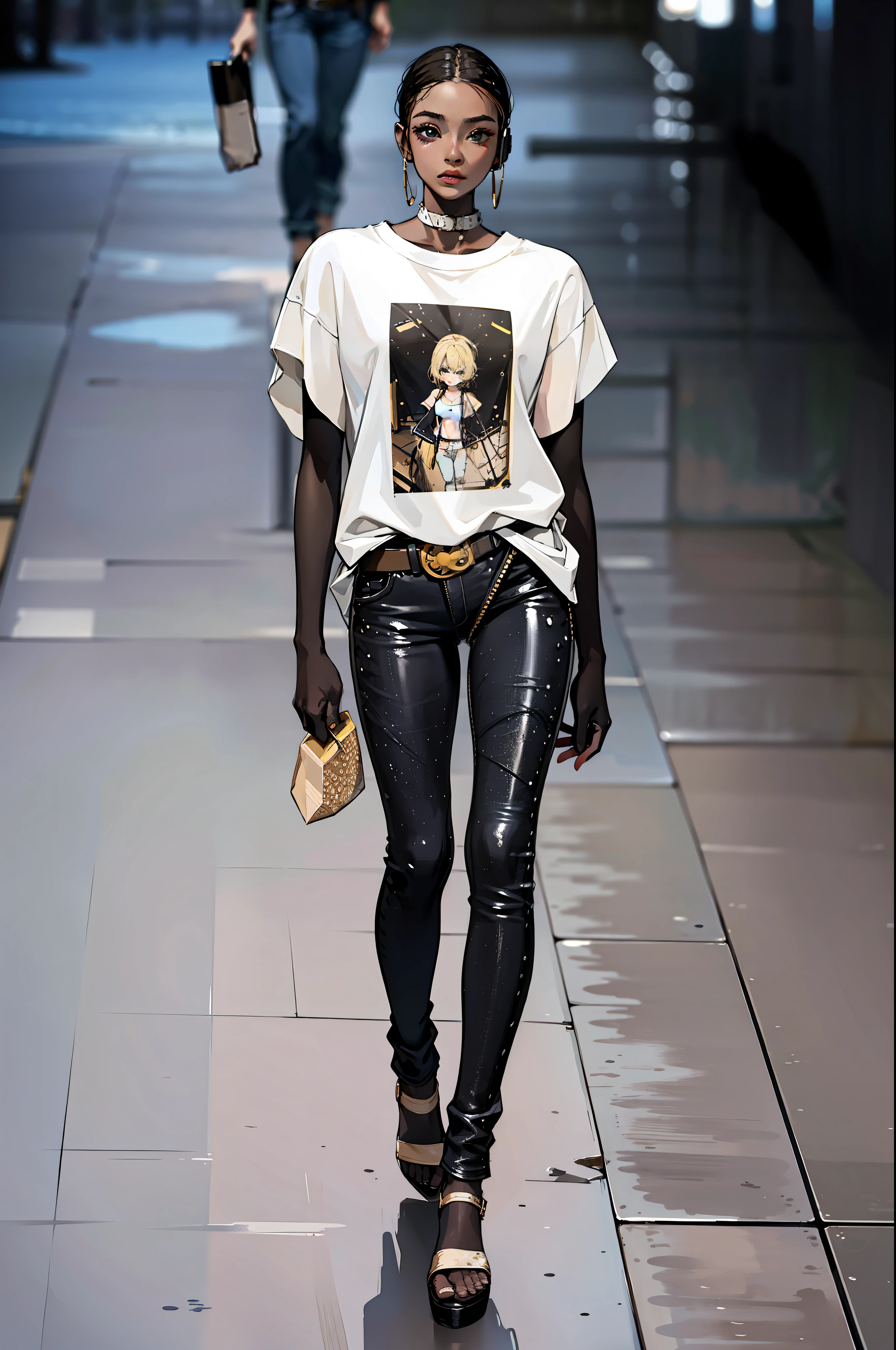 girl, vertical painting, natural light, global light, front view, fashion, pattern, fashion, trendy brand, tank top, cool, suspenders, headset, zipper, buttons, pattern, logo, pleats, jeans, belt, delicate, sequins, sparkle, generate more details, tank top, t-shirt, trousers, handbag, shiny,, modern, anime style, anime, modern, futuristic, first-person perspective, panorama, concept art, uhd, masterpiece, ccurate, super detail, high detail, high quality, Best quality, high resolution, no background, white background