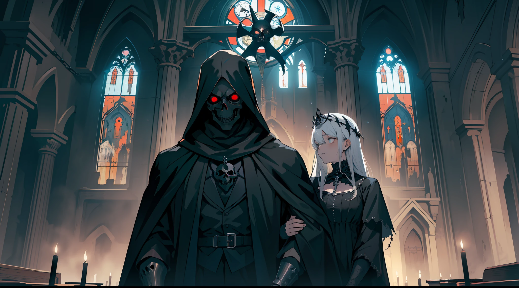 (Ultra detailed), (masterpiece), (best quality), (very detailed CG unit 8k wallpaper), a shadowy being with ((black skull face)) in a medieval church, chains on his clothes, (((mostly black Gothic)) a golden and rusty crown on his head, a window illuminates the place with a dim moonlight (abandoned church), concept art, soft light, dimly lit, dark tones, dark, cinematic, ((horror)), highly detailed, stylized wallpaper, professional stroke.