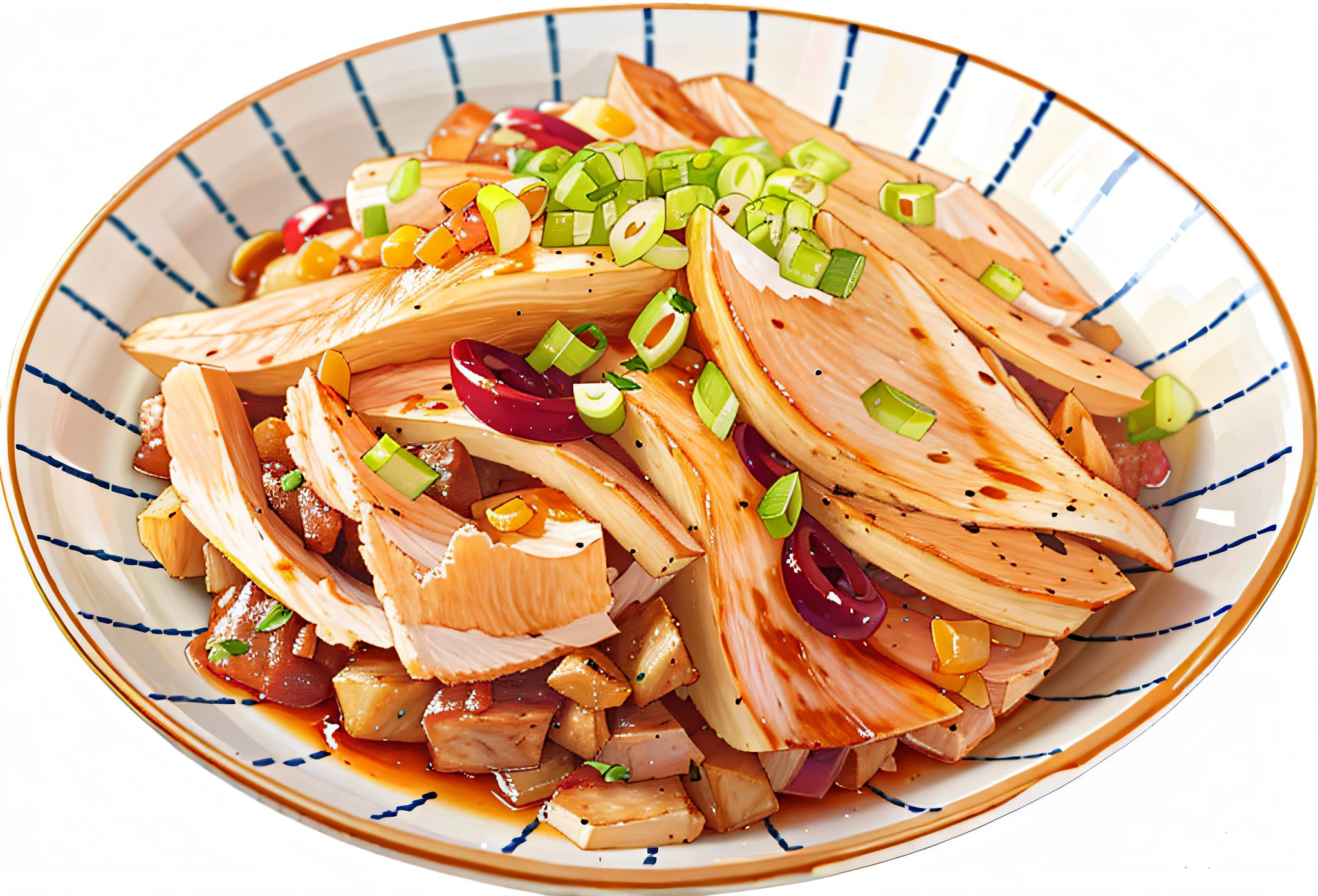 There is a plate of food with chicken and onions, chili, realistic style, HD, 4k