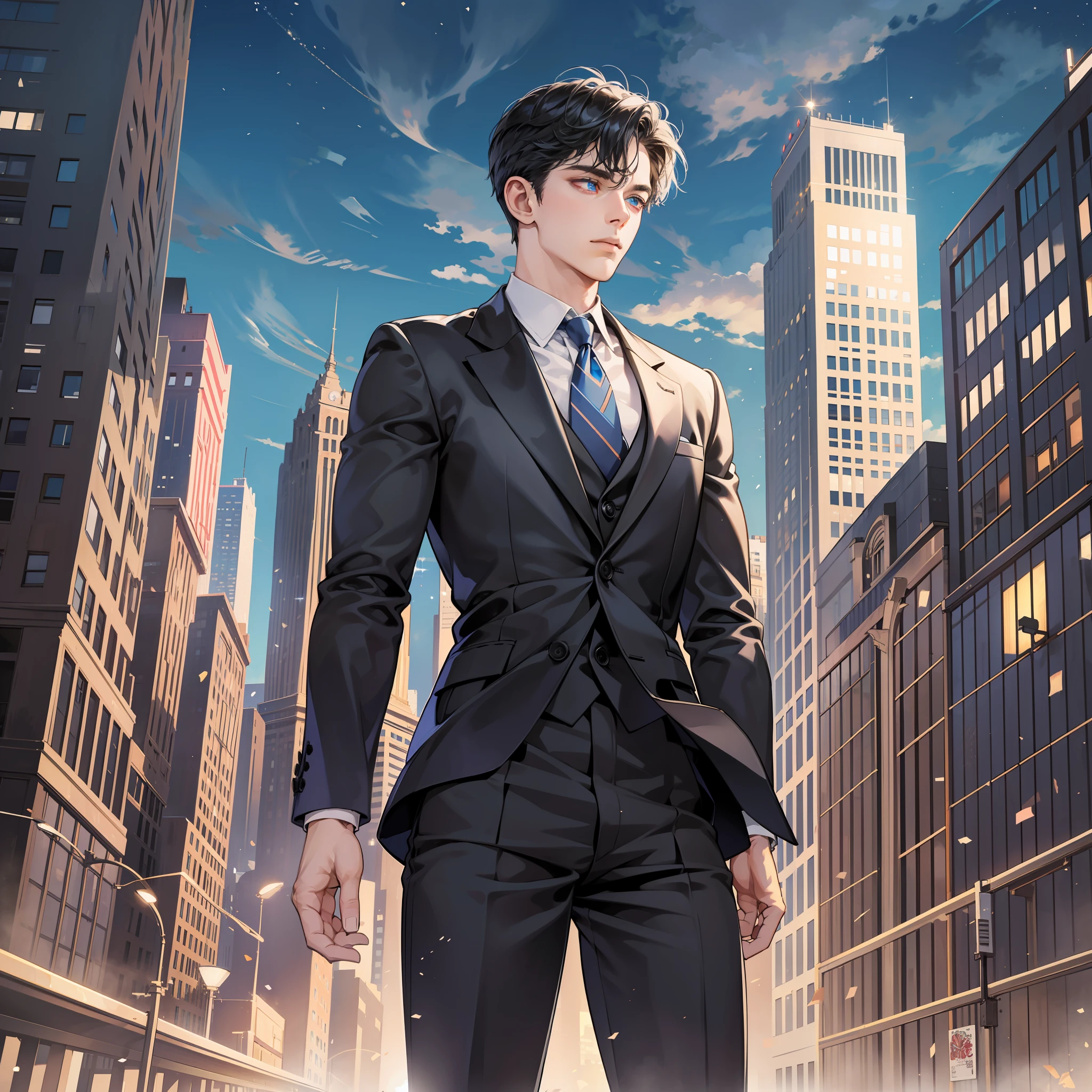 Masterpiece, high quality, best quality, HD, realistic, perfect lighting, detailed face, detailed body, 1 man, black school uniform, black yoke hair, blue eyes, serious expression, standing on the top of the building, as if to jump off a building, the sparkling light illuminates the night, the man's eyes are full of a mixture of determination and vulnerability, staring into the distance, the vista