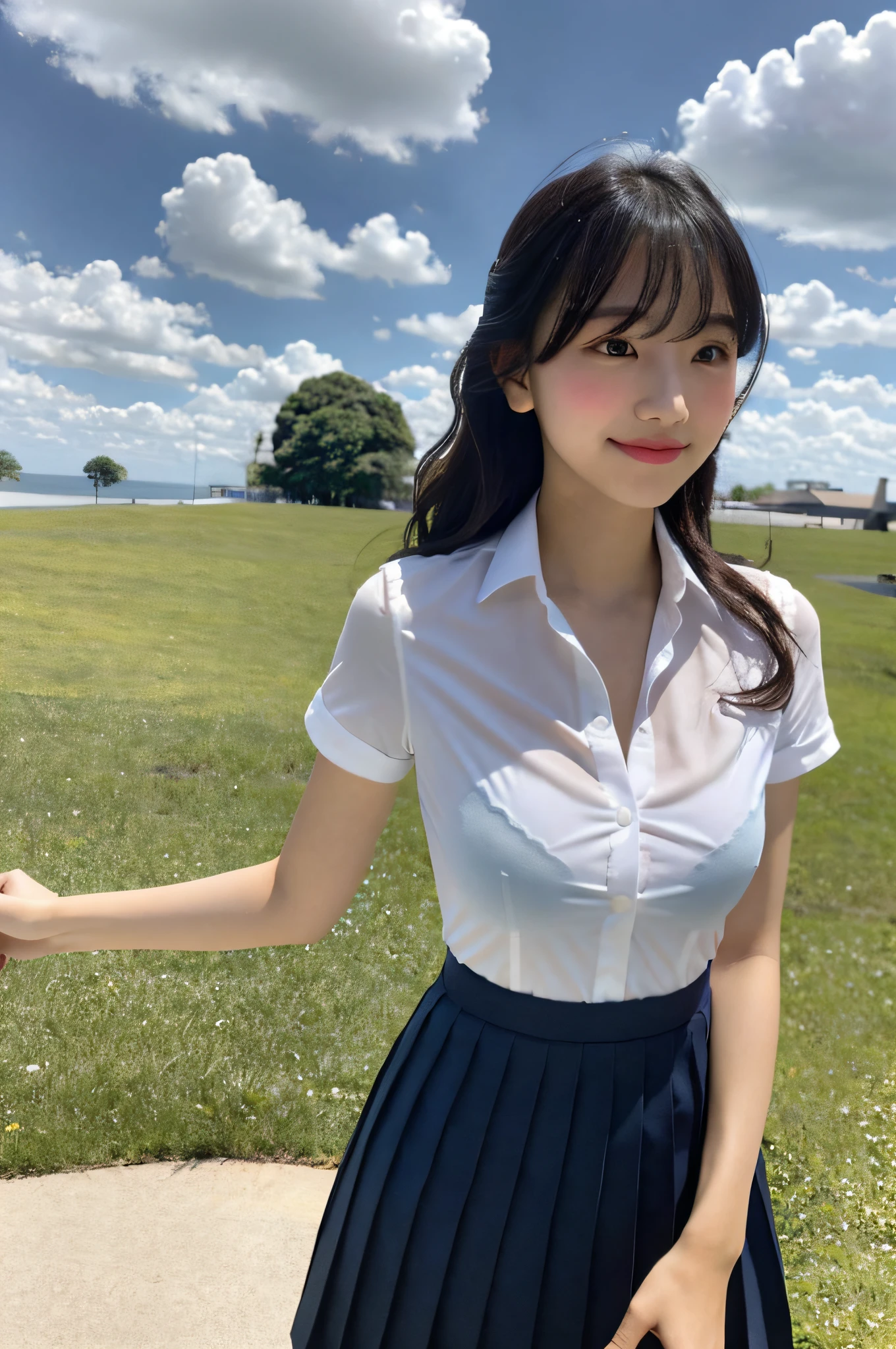 4K, LDR, best quality, masterpiece, high detail, super high resolution, digital photography, bangs, film lighting, (Fujifilm color:1.2) portrait, wide angle view, professional, (photography: 1.2), (dynamic pose: 1.1), (close up), 1 girl, solo, slightly smiling, delicate face, medium breasts, wide hips, classic wavy long hair, (FSB:1.4), (Frosuke: 1.4), white shirt, ((BREAK black bra)),bow, navy blue pleated skirt, school uniform, school bag, short sleeves, bangs, outdoor, sky, collared shirt, collarbone, blurred background, look to the side, sky, dress shirt, blue sky, clouds