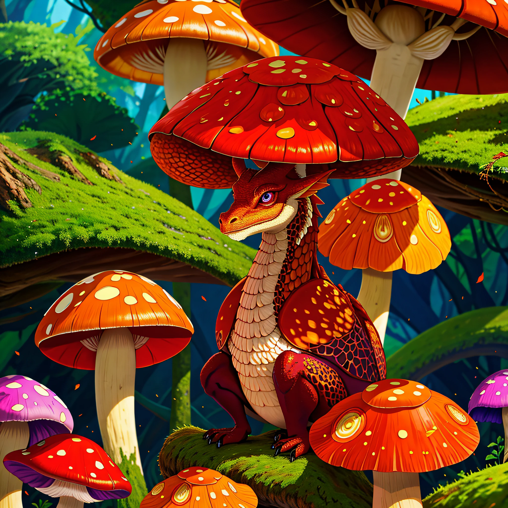 Dragon, brown bark-like scales, violet eyes, head and back covered with many shiny orange-red fungus balls, background a giant mushroom forest, masterpiece, best quality