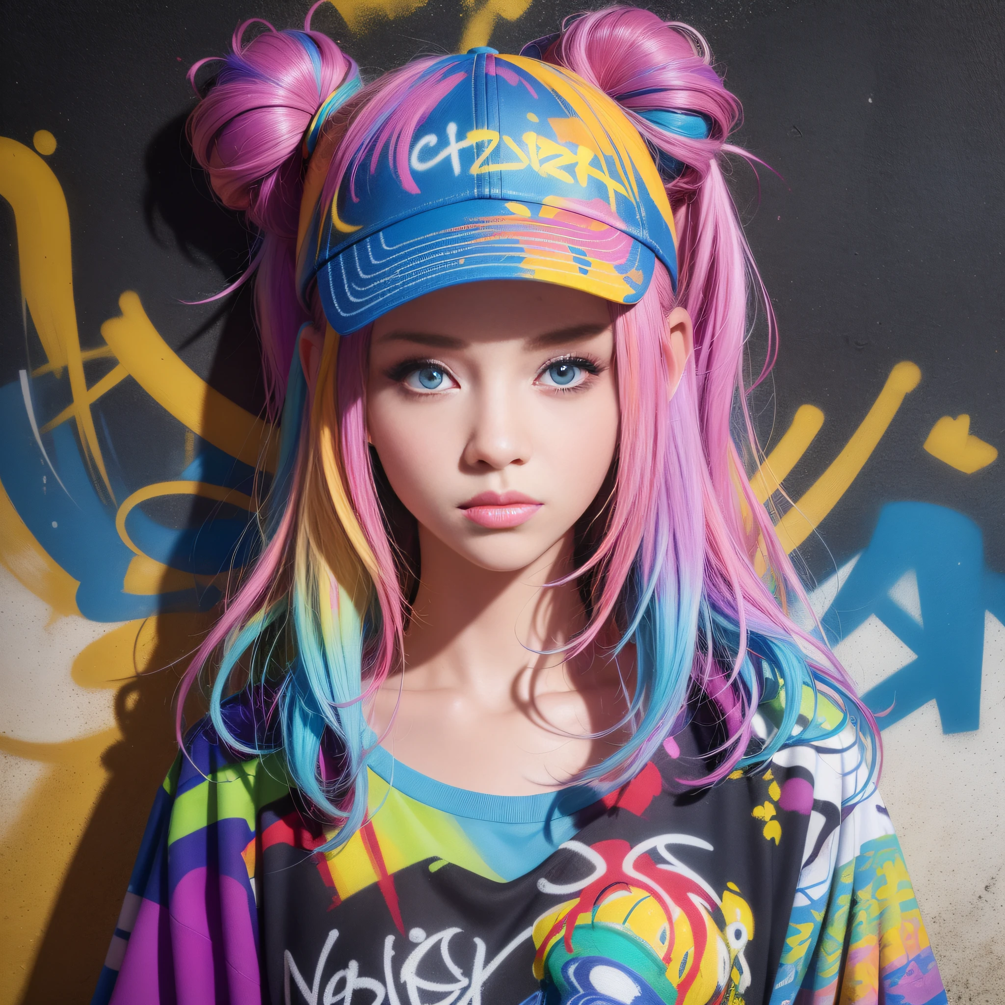 (best quality), masterpiece, extremely detailed CG uniform 8K illustration, high color, extremely high color saturation, all colors deepened, paint, graffiti art, center composition, extremely detailed light and shadow, graffiti wall, wall painted bright, 1 girl graffiti 1 girl looking at the wall, extremely detailed face and eyes, medium length hair, sportswear, colored clouds