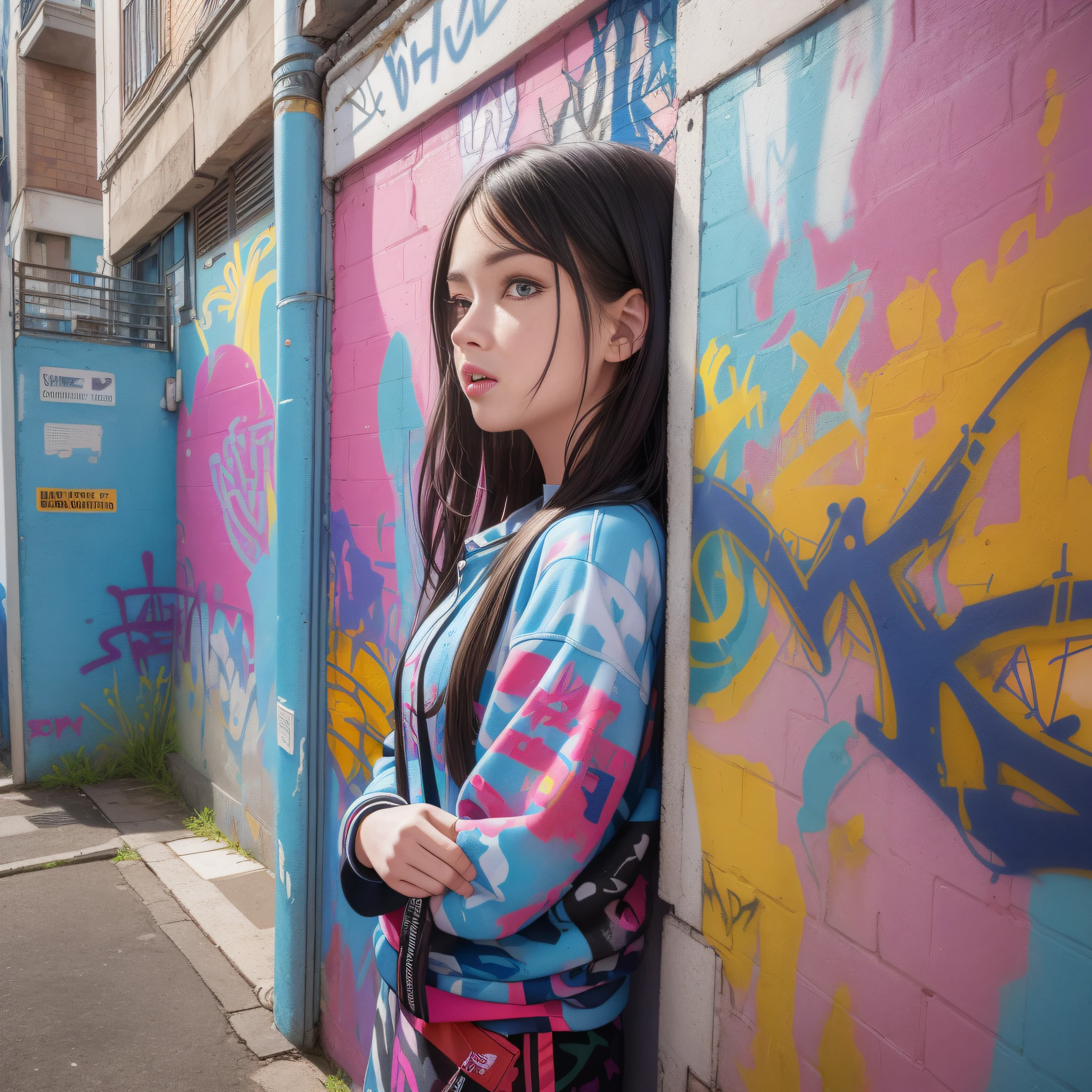 (best quality), masterpiece, extremely detailed CG uniform 8K illustration, high color, extremely high color saturation, all colors deepened, paint, graffiti art, center composition, extremely detailed light and shadow, graffiti wall, wall painted bright, 1 girl graffiti 1 girl looking at the wall, extremely detailed face and eyes, medium length hair, sportswear, colored clouds