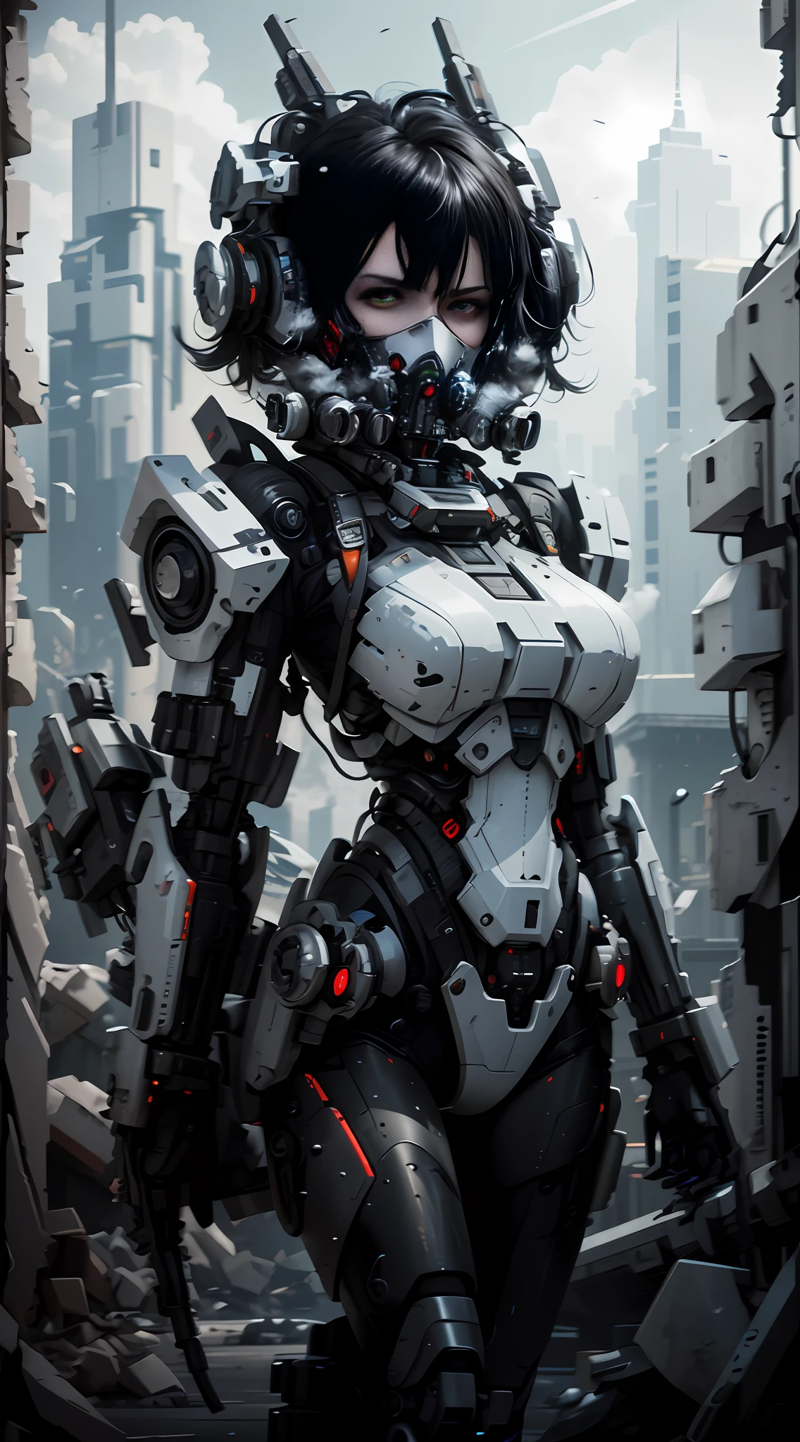 This is a CG Unity 8k wallpaper with ultra-detailed, high-resolution and top quality in cyberpunk style, dominated by black and red. The picture shows a white messy woman with short hair, a delicate face, wearing a steam mecha mask, standing on the ruins, behind a huge robot with a heavy sniper rifle in her hand.