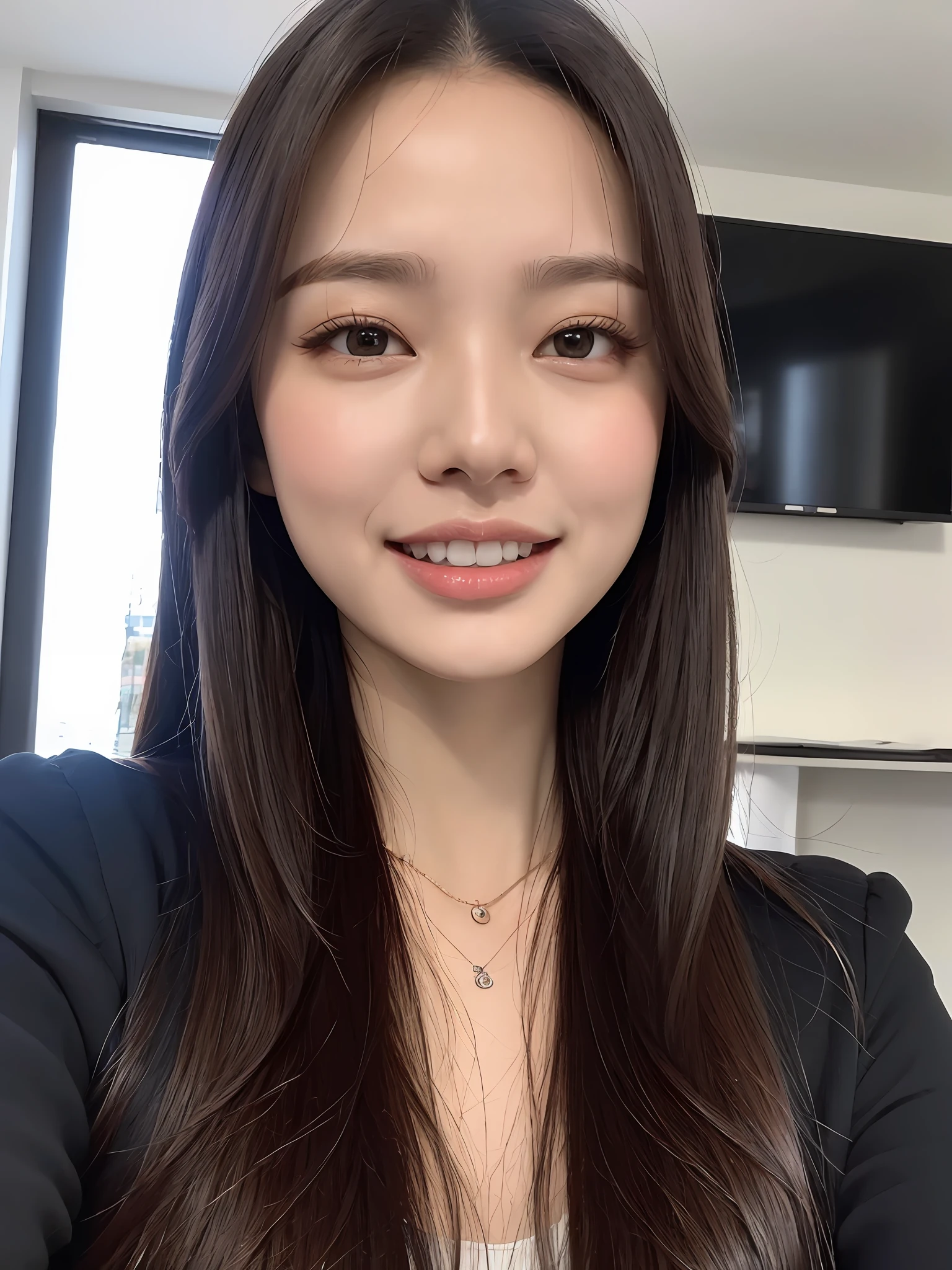 (A GIRL: 1.6), (lora:russianDoll:0.4), (lora:TaiwanDoll:0.4), (best quality, 8k, masterpiece: 1.3), focus 1.2, perfect body beauty: 1.4, highly detailed face and skin texture, delicate eyes, double eyelids, whitened skin, long hair split edges, (round face: 1.4), looking at the audience, leaking teeth and laughing, sitting next to the audience, window, (Full body: 1.1), secretary, assistant, business suit, tight skirt, sitting in skyscraper office using computer, computer, printer, desk, office chair, document, folder, computer, laptop, mobile phone, teacup