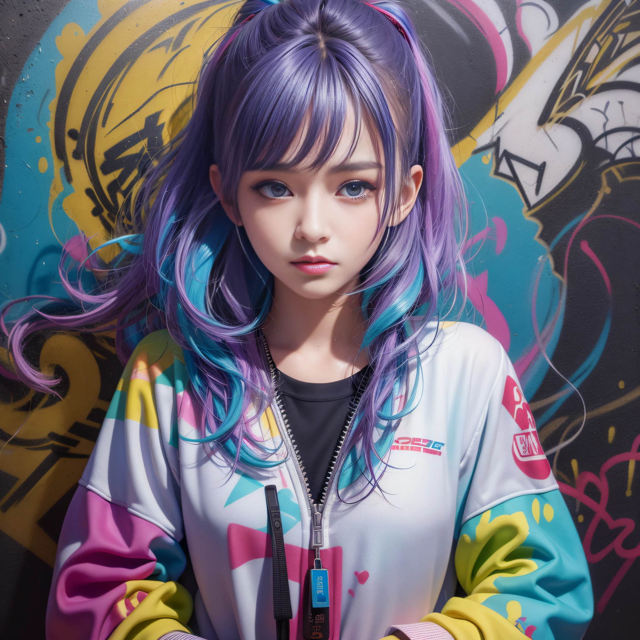 (best quality), masterpiece, extremely detailed CG uniform 8K illustration, high color, extremely saturated color, all color deepening, graffiti art, central composition, extremely detailed light and shadow, graffiti wall, 1 girl graffiti 1 girl looking at the wall, extremely detailed face and eyes, medium length hair, sportswear, colored clouds