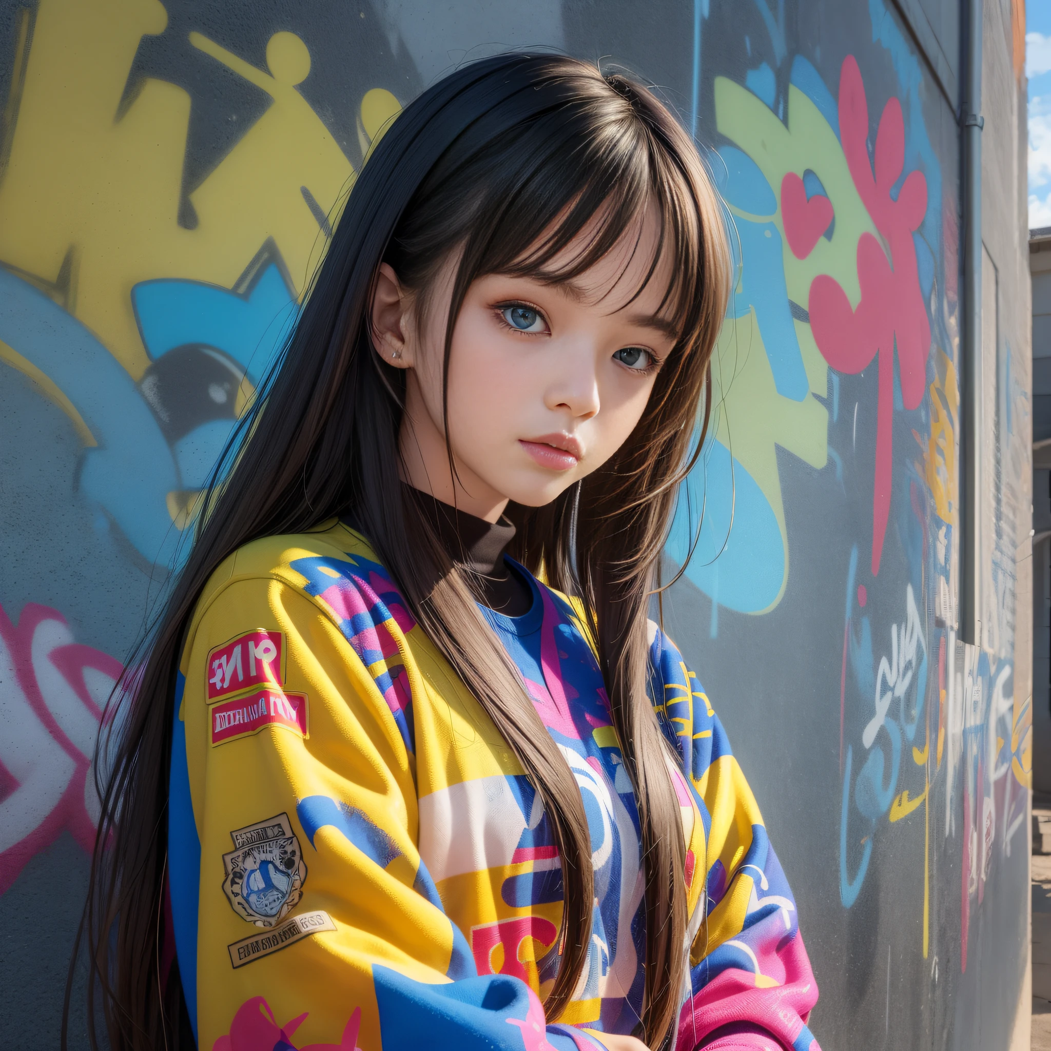 (best quality), masterpiece, extremely detailed CG uniform 8K illustration, high color, extremely saturated color, all color deepening, graffiti art, central composition, extremely detailed light and shadow, graffiti wall, 1 girl graffiti 1 girl looking at the wall, extremely detailed face and eyes, medium length hair, sportswear, colored clouds