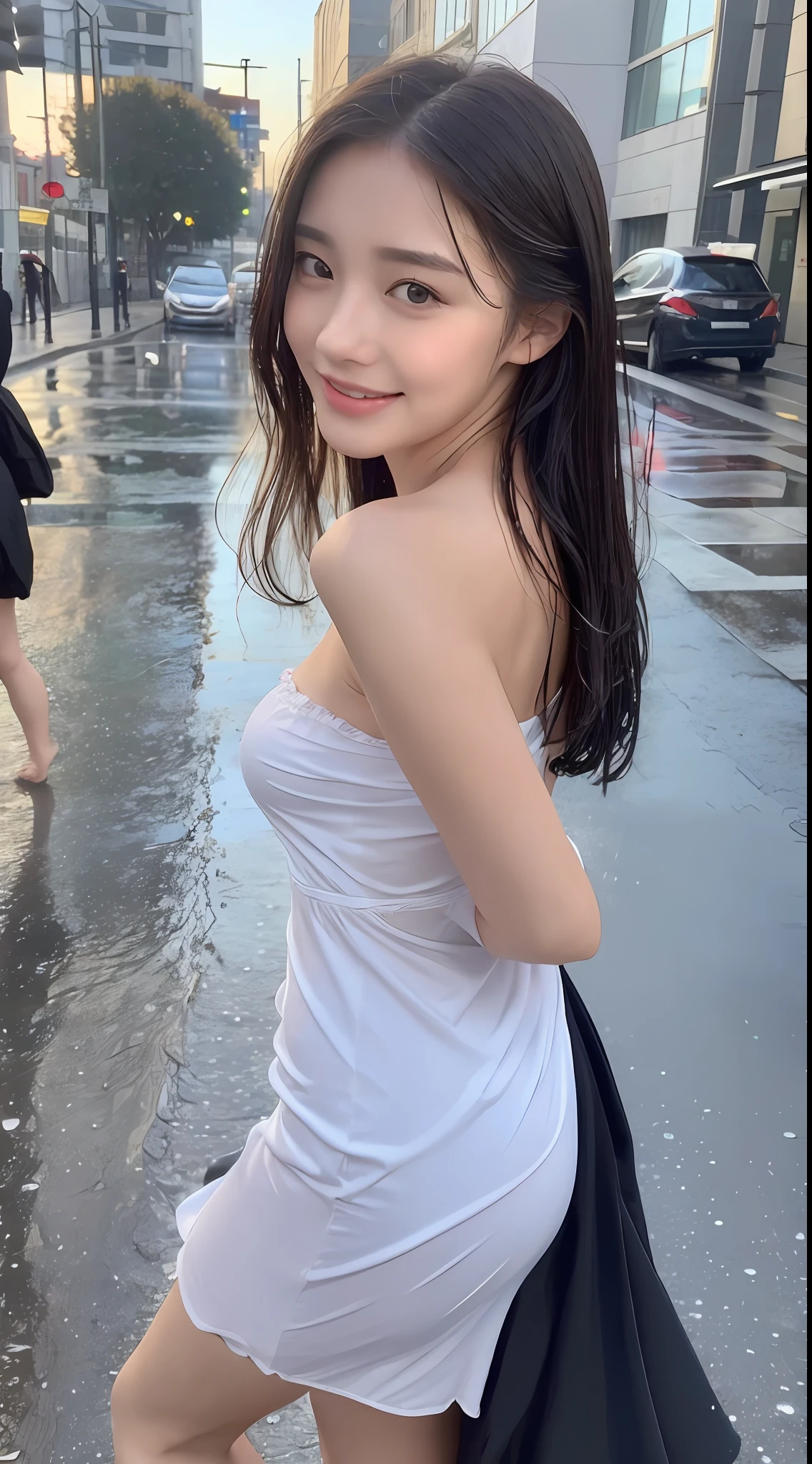 ((Best Quality, 8k, Masterpiece: 1.3)), Focus: 1.2, Perfect Body Beauty: 1.4, Buttocks: 1.2, ((Long Hair)), (Wet Clothes: 1.1) , (Rain, Street:1.3), Bandeau Dress: 1.1, Highly Detailed Face and Skin Texture, Delicate Eyes, Double Eyelids, Whitening Skin, Smile