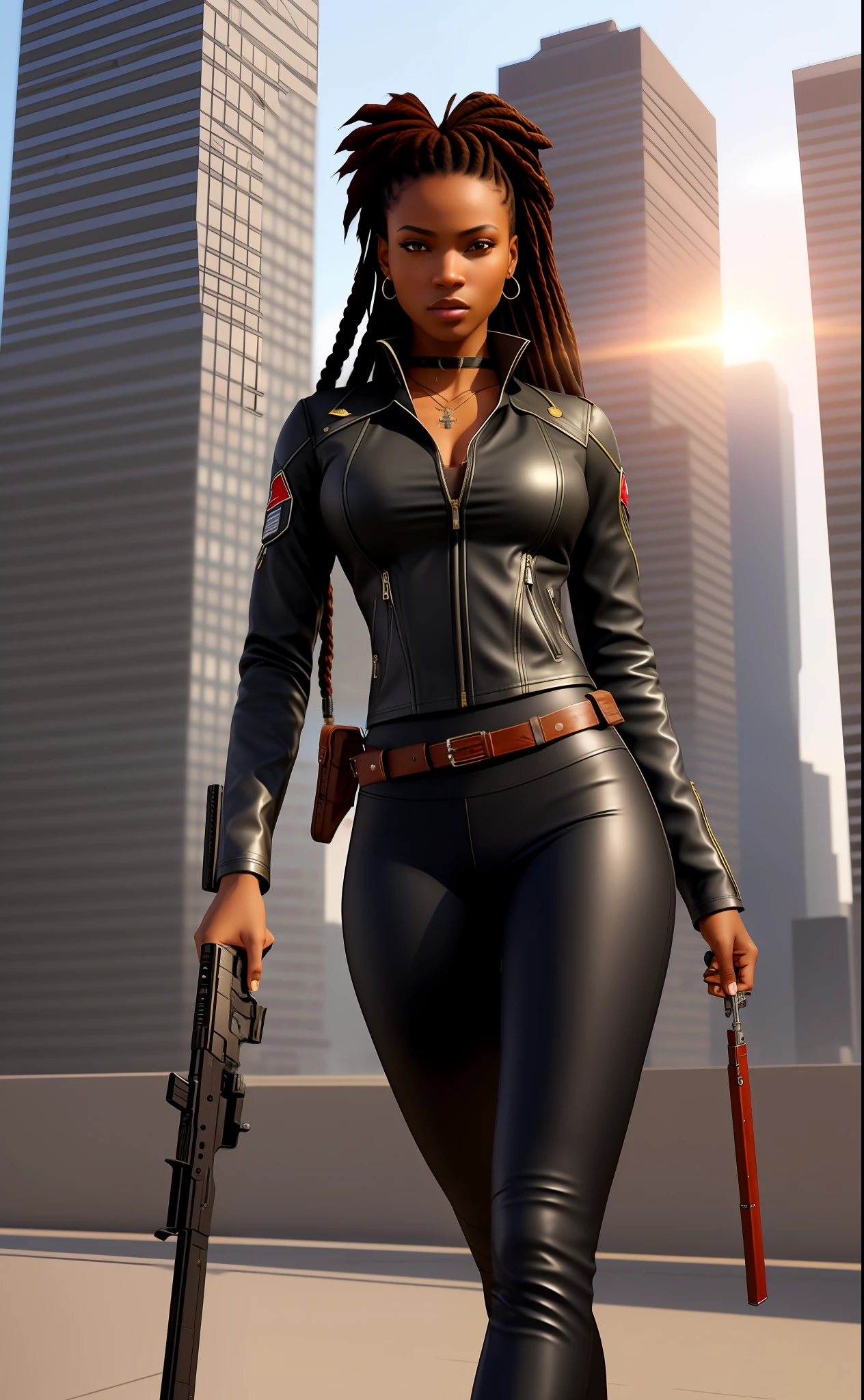 Masterpiece, highest quality, details, black woman, African female, hunter, brown skin, warrior, modern, full body, sensual eyes, gun in hand, city building, realistic, game avatar, sexy pose, brown leather clothes, silver bullet necklace, crucifix earrings, long braided hair, grandes, vampire hunter, black leather jacket with red words, utility belt on waste, yoga pants