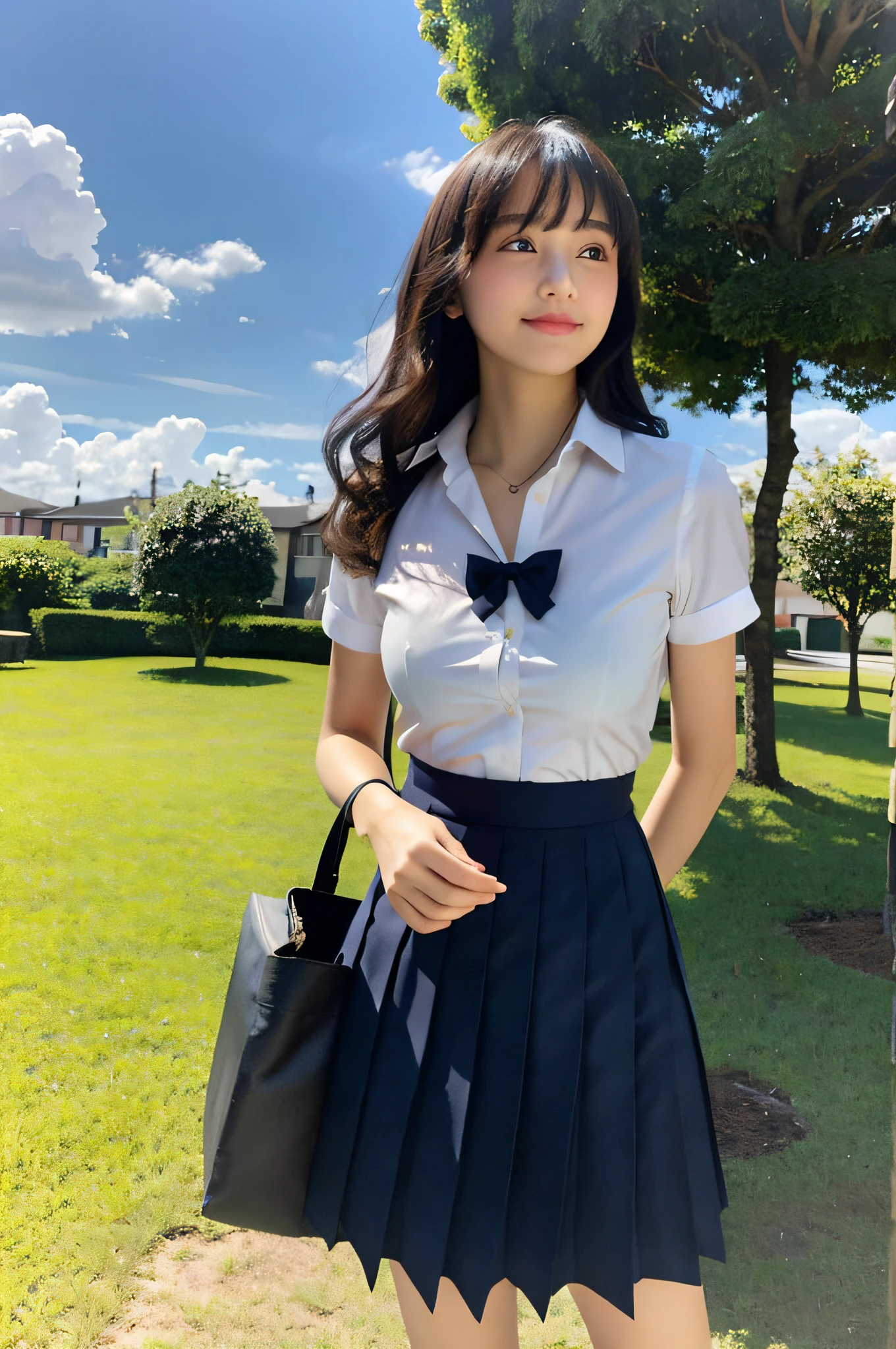 4K, LDR, best quality, masterpiece, high detail, super high resolution, digital photography, bangs, film lighting, (Fujifilm color:1.2) portrait, wide angle view, professional, (photography: 1.2), (dynamic pose: 1.1), (close up), 1 girl, solo, slightly smiling, delicate face, medium breasts, wide hips, classic wavy long hair, (FSB:1.4), (Frosuke: 1.4), white shirt, ((BREAK black bra)),bow, navy blue pleated skirt, school uniform, school bag, short sleeves, bangs, outdoor, sky, collared shirt, collarbone, blurred background, look to the side, sky, dress shirt, blue sky, clouds