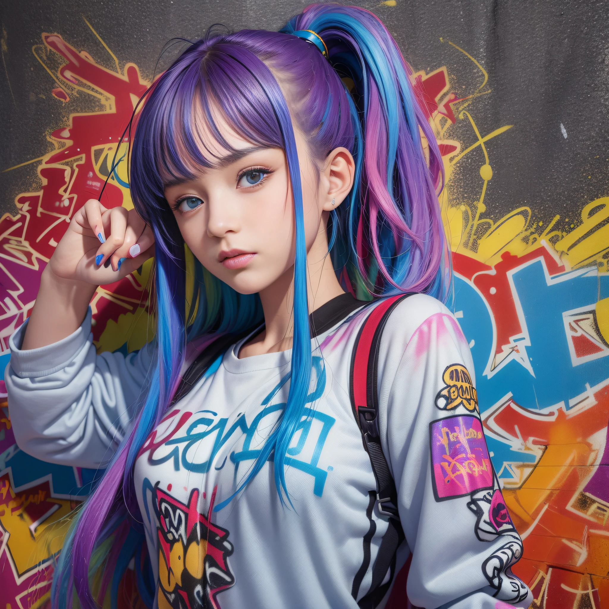 (best quality), masterpiece, extremely detailed CG uniform 8K illustration, high color, extremely high color saturation, all colors deepened, paint, graffiti art, center composition, extremely detailed light and shadow, graffiti wall, wall painted bright, 1 girl graffiti 1 girl looking at the wall, extremely detailed face and eyes, medium length hair, sportswear, colored clouds