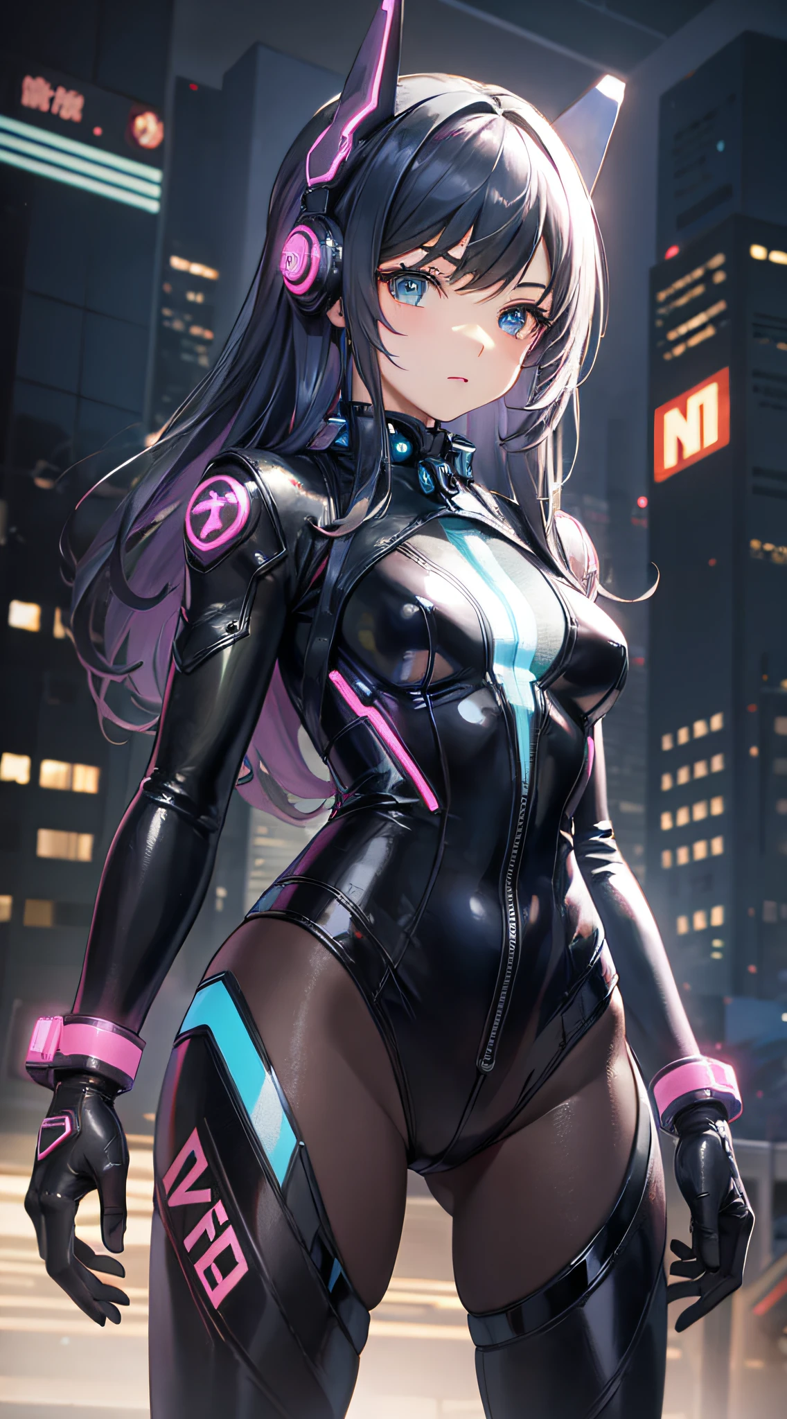 best quality,illustration,masterpiece, .look far away,1girl,15 years old,body suit,cyber city,neon,battle suit,..