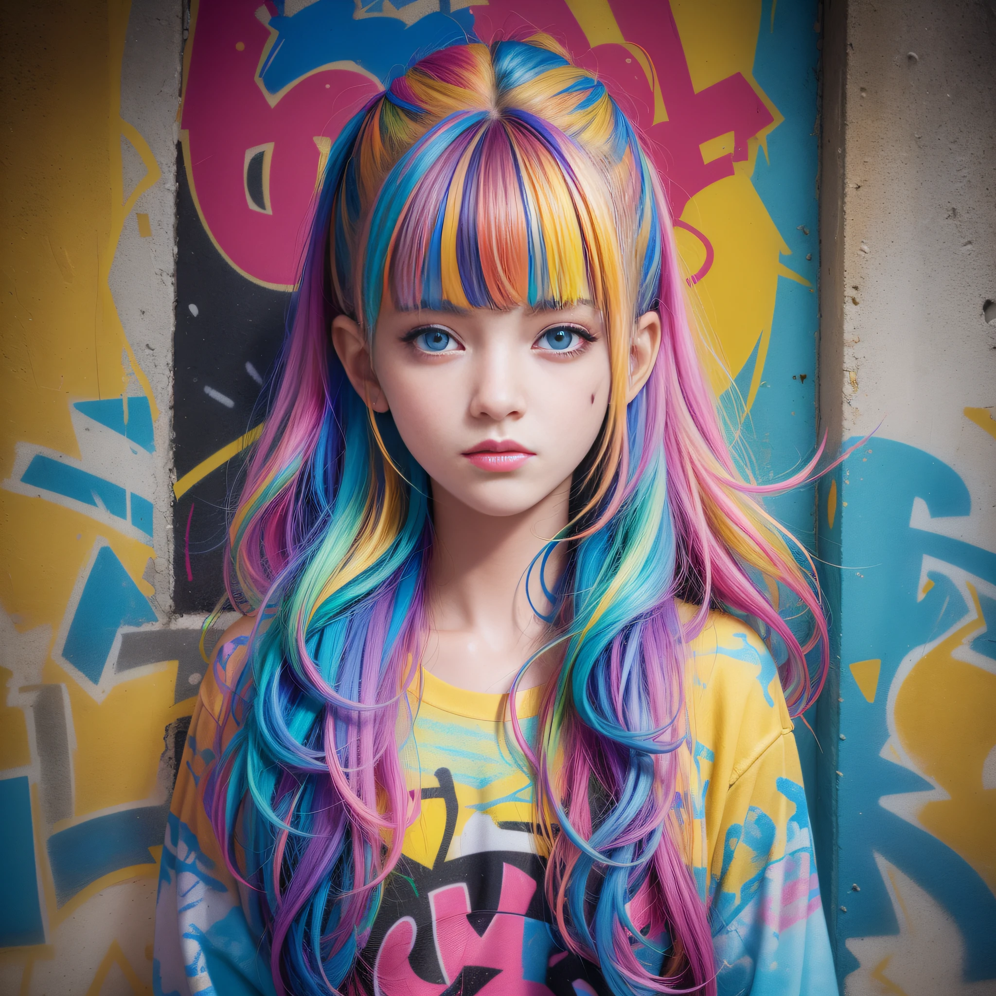 (best quality), masterpiece, extremely detailed CG uniform 8K illustration, high color, extremely high color saturation, all colors deepened, paint, graffiti art, center composition, extremely detailed light and shadow, graffiti wall, wall painted bright, 1 girl graffiti 1 girl looking at the wall, extremely detailed face and eyes, medium length hair, sportswear, colored clouds