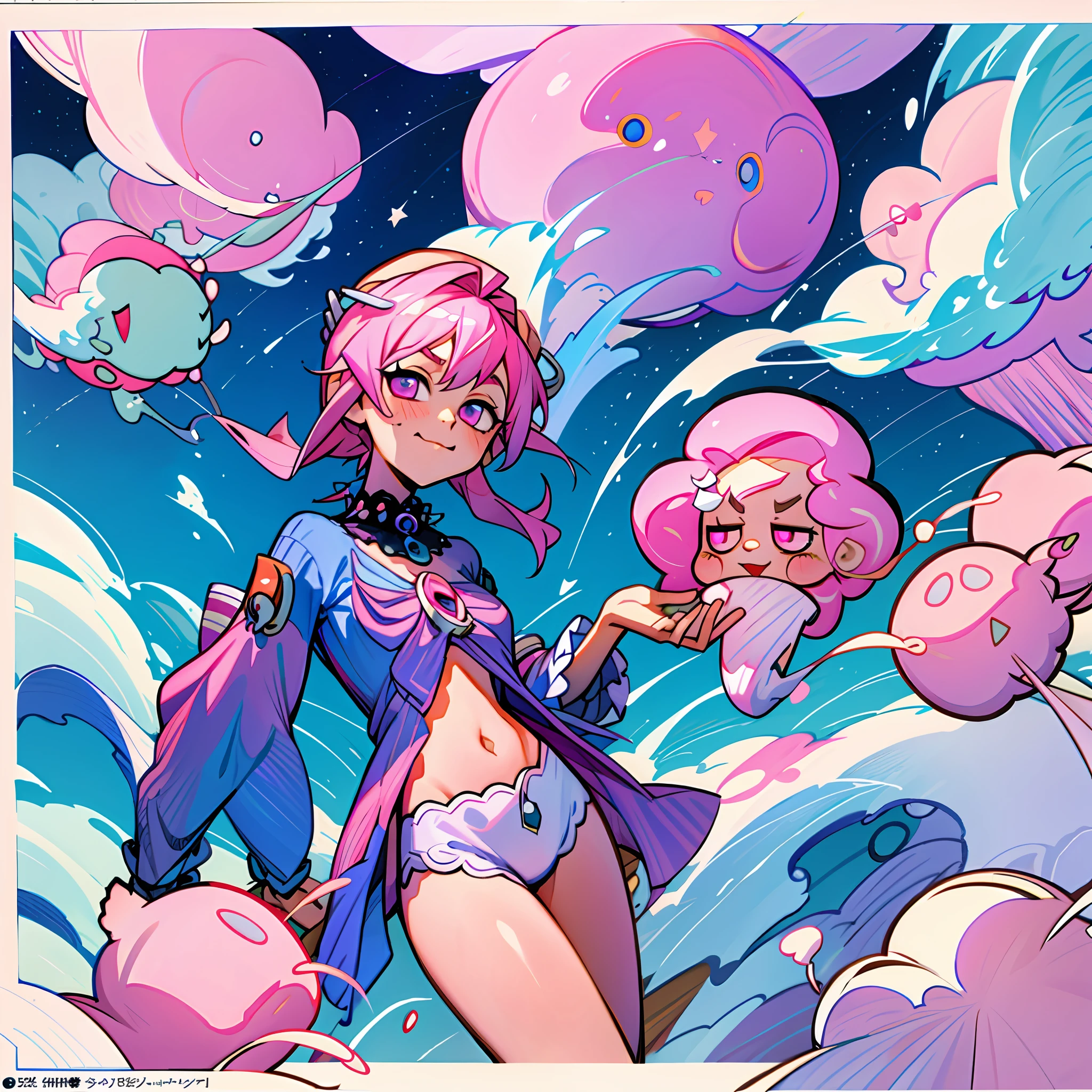 concept art, concept art book, soda, manga page, novel art, lewd, erotic. seductive pose, chibi, small, micro, cloudium, clouds, cloud seeds, cloudium seeds, cloud bush, simple, cute, smily face, white circle happy, silly, adorable, farm, candy, sugar, cotton candy, pink hair, pink eyes, navel, thighs, panties, holding cotton candy, blasting cotton candy, explosion, nebula, white magic stars,cum