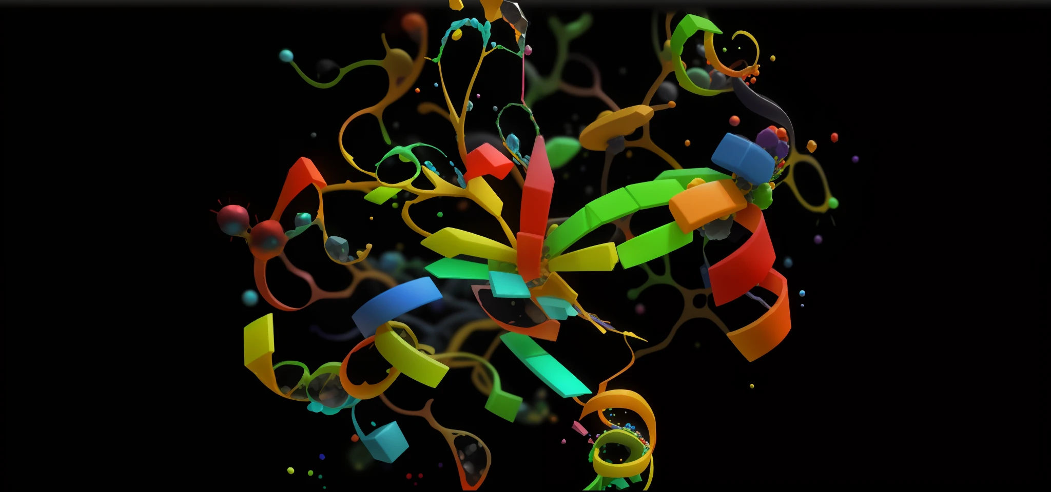 a close up of a bunch of colorful ribbons on a black background, complex background, antibodies, a digital rendering, molecular, complex system of order, complex structure, bio chemical illustration, colourful 3 d crystals, escherichia coli party, very complex, complex composition!!, dmt, rna bioweapon, multi - coloured, screengrab, ctane 3 d rendered
