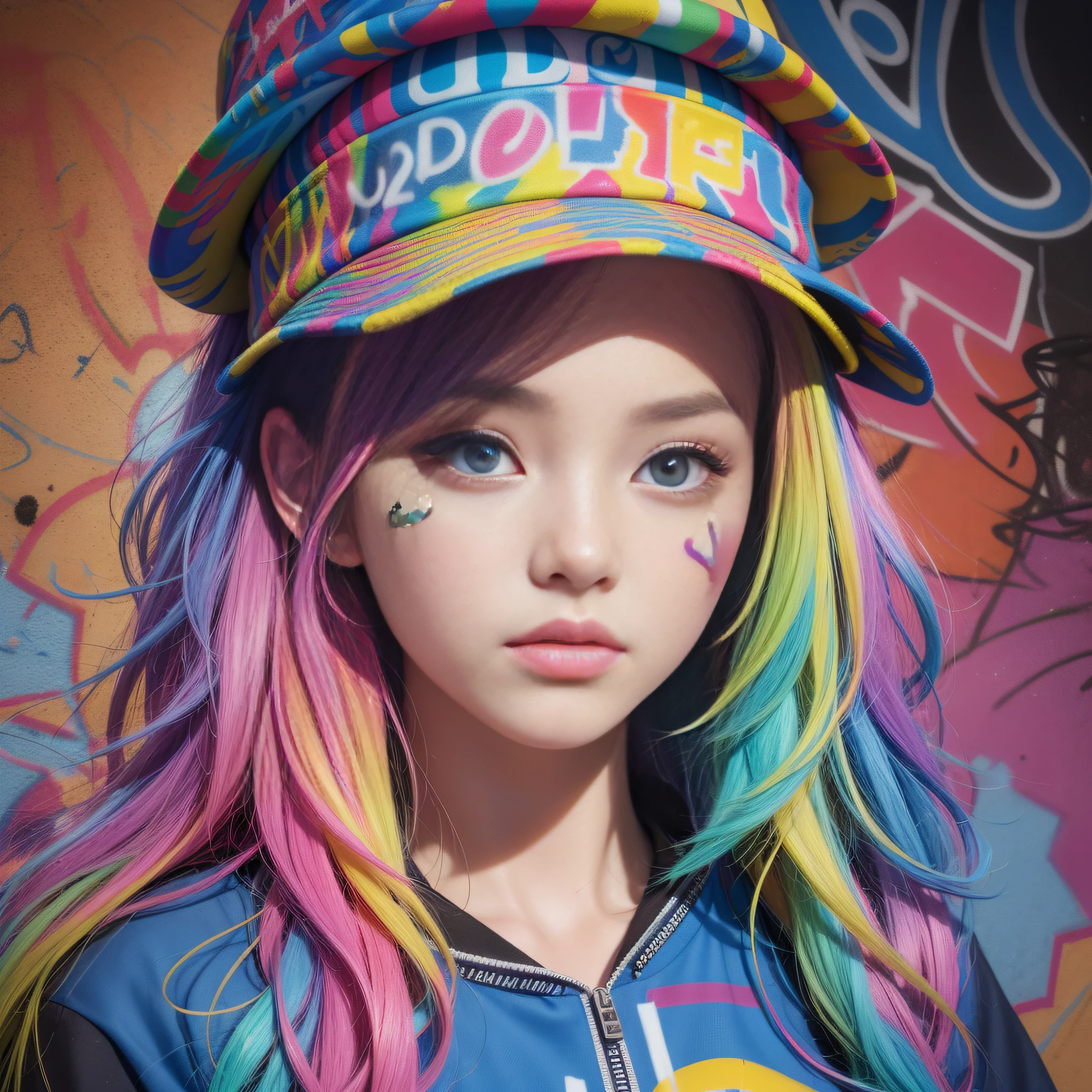 (best quality), masterpiece, extremely detailed CG uniform 8K illustration, high color, extremely high color saturation, all colors deepened, paint, graffiti art, center composition, extremely detailed light and shadow, graffiti wall, wall painted bright, 1 girl graffiti 1 girl looking at the wall, extremely detailed face and eyes, medium length hair, sportswear, colored clouds