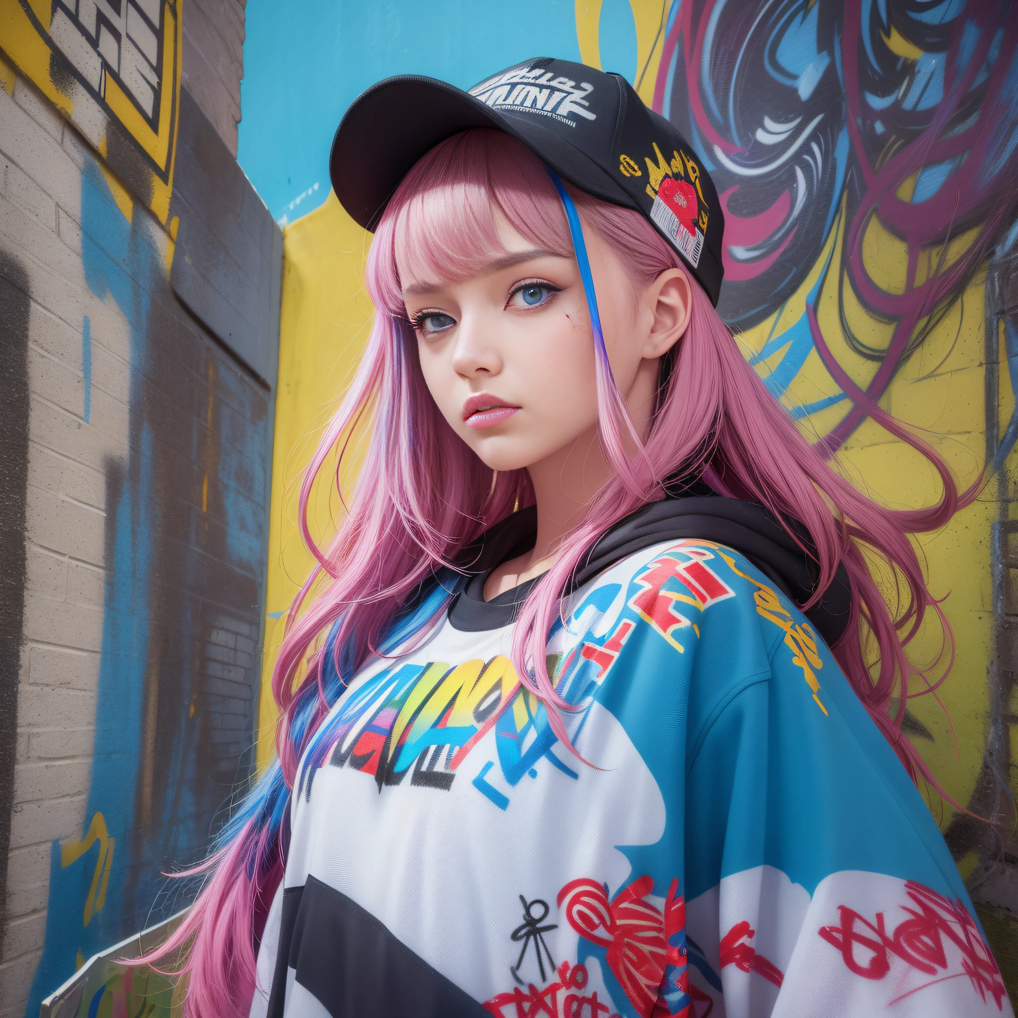 (best quality), masterpiece, extremely detailed CG uniform 8K illustration, high color, extremely high color saturation, all colors deepened, paint, graffiti art, center composition, extremely detailed light and shadow, graffiti wall, wall painted bright, 1 girl graffiti 1 girl looking at the wall, extremely detailed face and eyes, medium length hair, sportswear, colored clouds