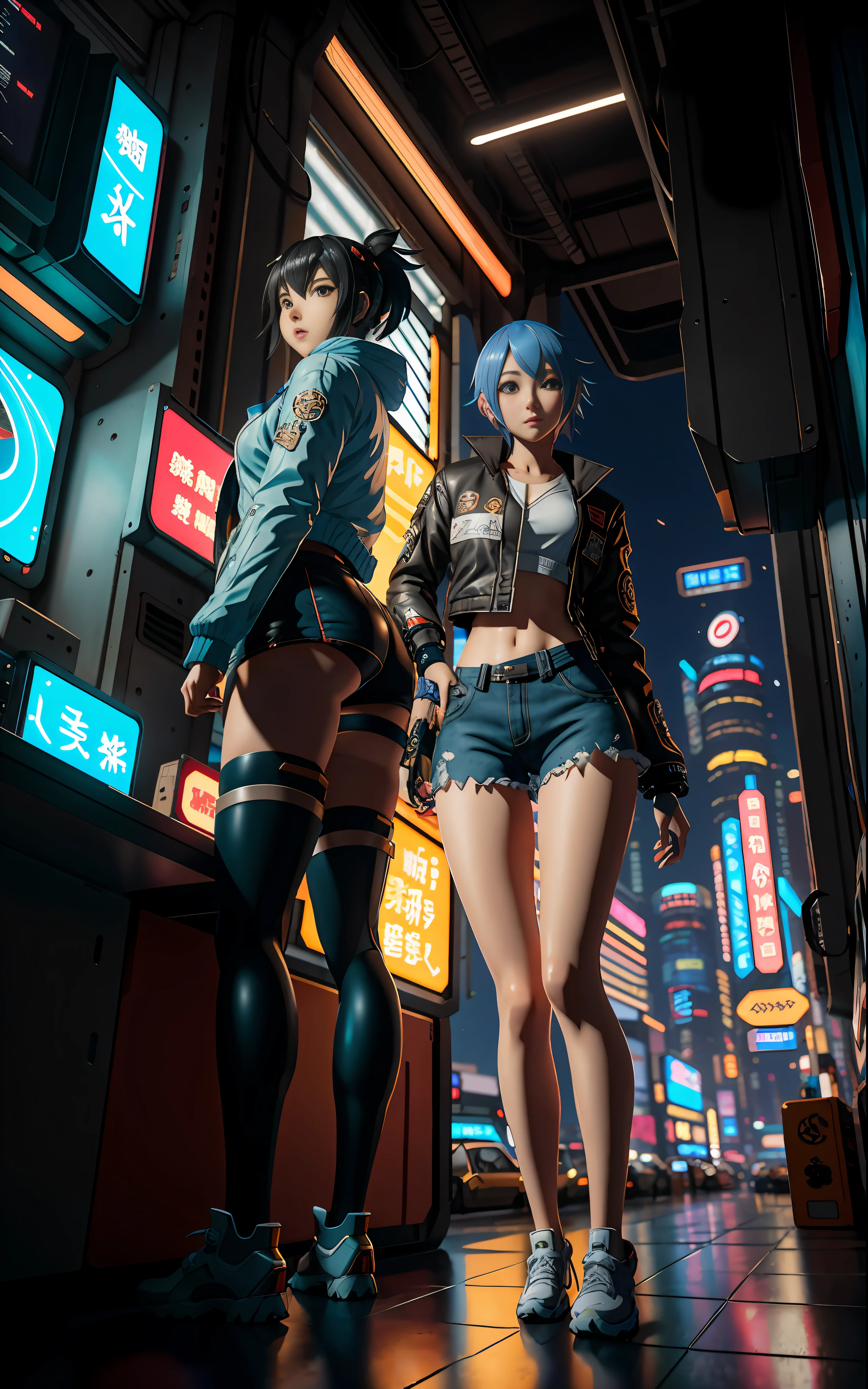 anime girl in short shorts and jacket standing next to giant robot, artwork in the style of guweiz, cyberpunk anime girl mech, trending on cgstation, guweiz, by Russell Dongjun Lu, digital cyberpunk anime art, ross tran 8 k, guweiz on artstation pixiv, girl in mecha cyber armor