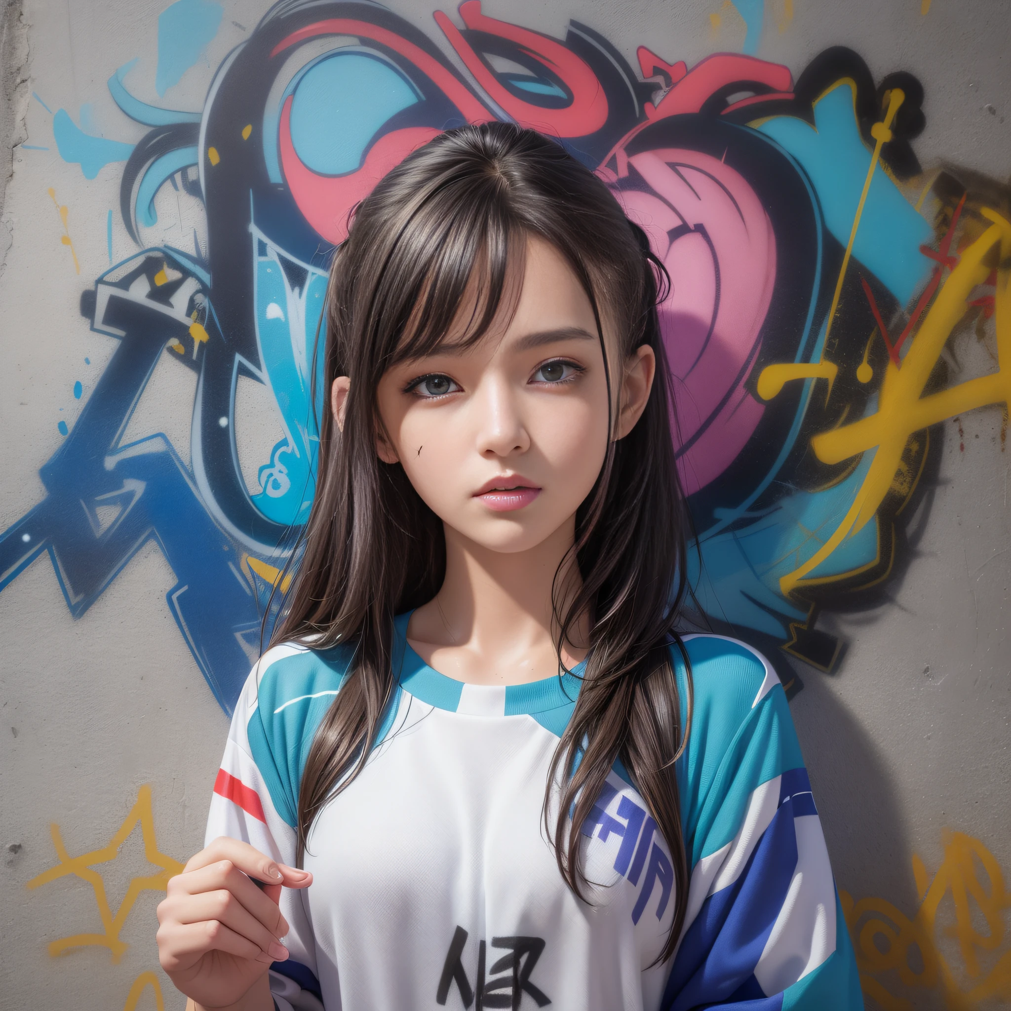 (best quality), masterpiece, extremely detailed CG uniform 8K illustration, high color, extremely high color saturation, all colors deepened, paint, graffiti art, center composition, extremely detailed light and shadow, graffiti wall, wall painted bright, 1 girl graffiti 1 girl looking at the wall, extremely detailed face and eyes, medium length hair, sportswear, colored clouds