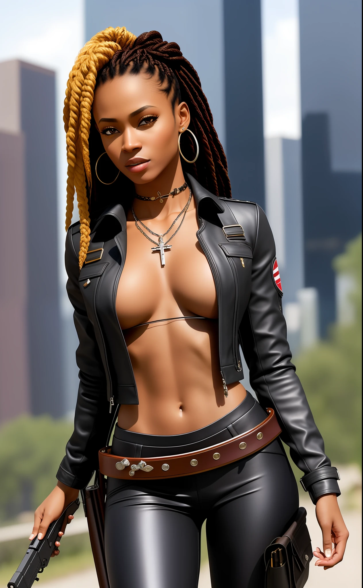 Masterpiece, highest quality, details, black woman, African female, hunter, brown skin, warrior, modern, full body, sensual eyes, gun in hand, city building, realistic, game avatar, sexy pose, brown leather clothes, silver bullet necklace, crucifix earrings, long braided hair, grandes, vampire hunter, black leather jacket with red words, utility belt on waste, yoga pants