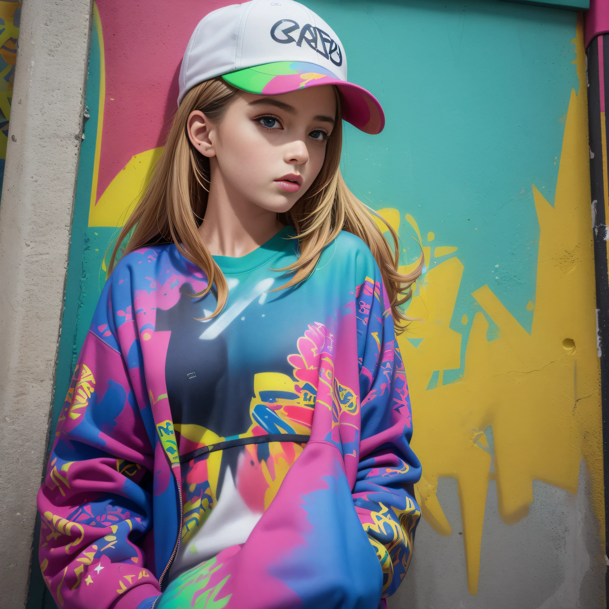 (best quality), masterpiece, extremely detailed CG uniform 8K illustration, high color, extremely high color saturation, all colors deepened, paint, graffiti art, center composition, extremely detailed light and shadow, graffiti wall, wall painted bright, 1 girl graffiti 1 girl looking at the wall, extremely detailed face and eyes, medium length hair, sportswear, colored clouds