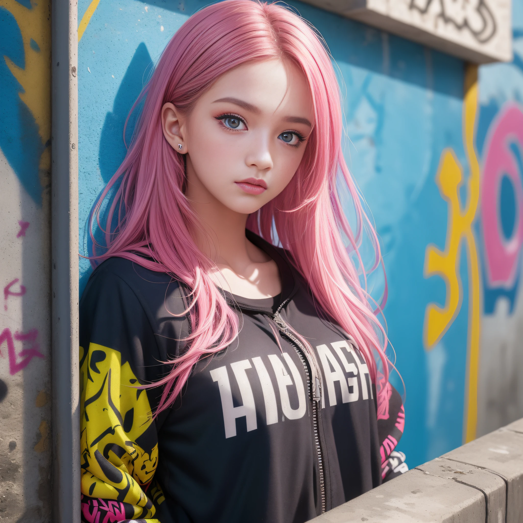 (best quality), masterpiece, extremely detailed CG uniform 8K illustration, high color, extremely high color saturation, all colors deepened, paint, graffiti art, center composition, extremely detailed light and shadow, graffiti wall, wall painted bright, 1 girl graffiti 1 girl looking at the wall, extremely detailed face and eyes, medium length hair, sportswear, colored clouds