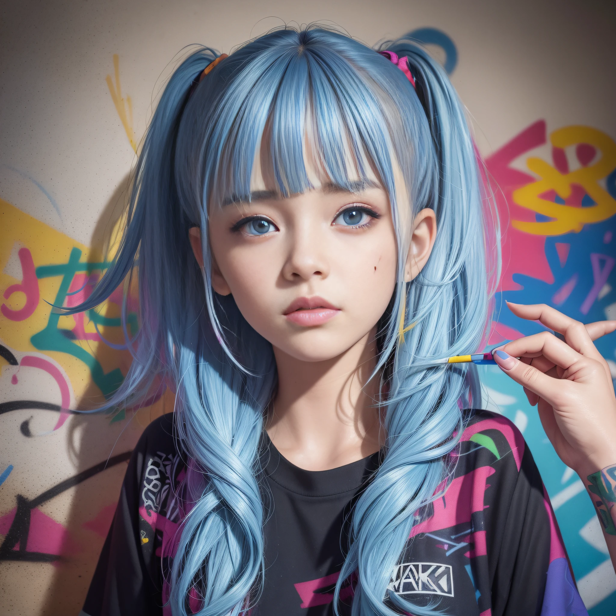 (best quality), masterpiece, extremely detailed CG uniform 8K illustration, high color, extremely high color saturation, all colors deepened, paint, graffiti art, center composition, extremely detailed light and shadow, graffiti wall, wall painted bright, 1 girl graffiti 1 girl looking at the wall, extremely detailed face and eyes, medium length hair, sportswear, colored clouds