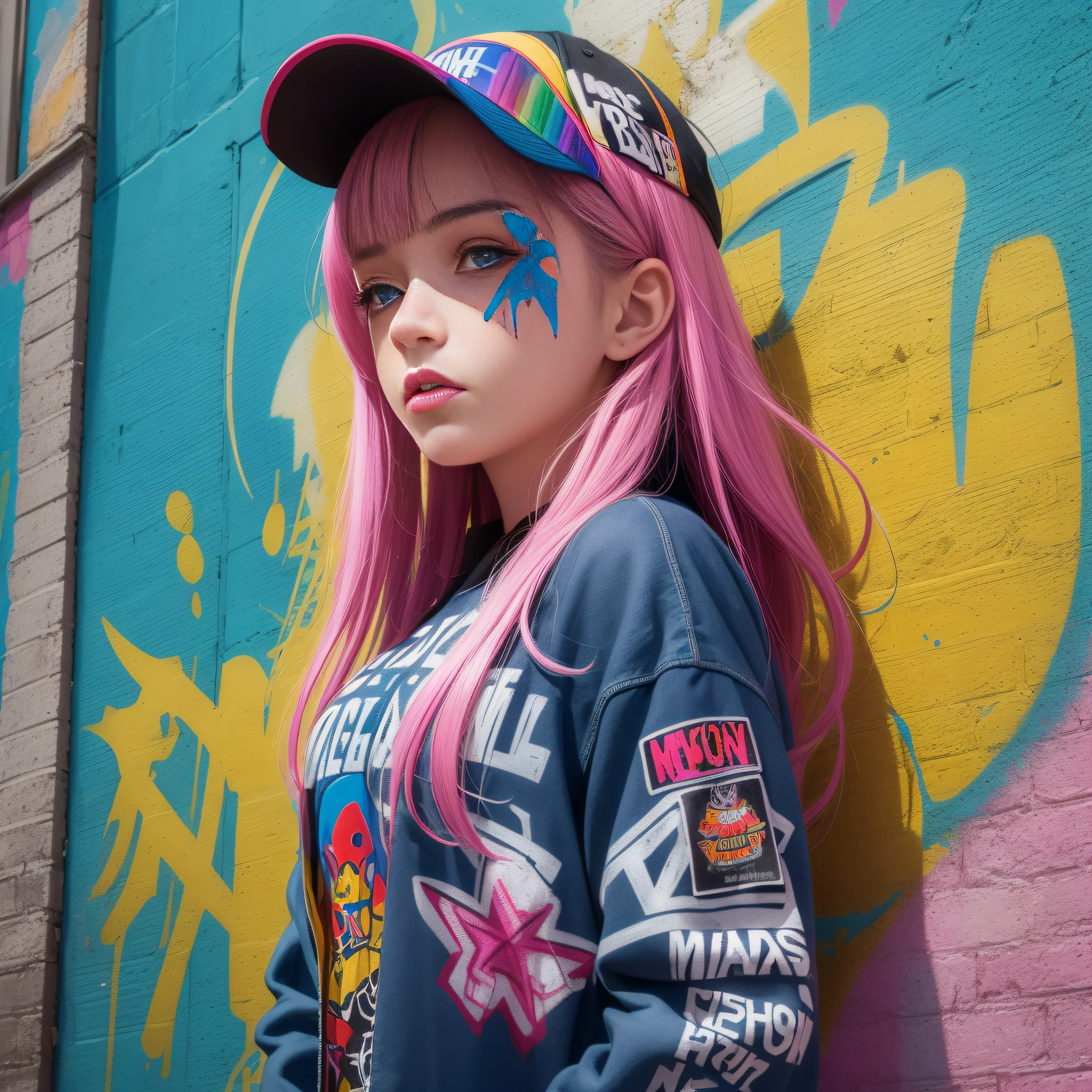 (best quality), masterpiece, extremely detailed CG uniform 8K illustration, high color, extremely high color saturation, all colors deepened, paint, graffiti art, center composition, extremely detailed light and shadow, graffiti wall, wall painted bright, 1 girl graffiti 1 girl looking at the wall, extremely detailed face and eyes, medium length hair, sportswear, colored clouds