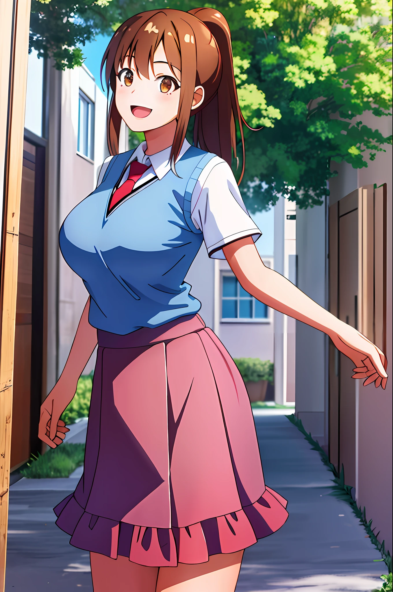 masterpiece, best quality, highres, an1, brown eyes, ponytail, school uniform, blue sweater vest, red necktie, pink skirt, cowboy shot, outdoors, smile, open mouth, large breast