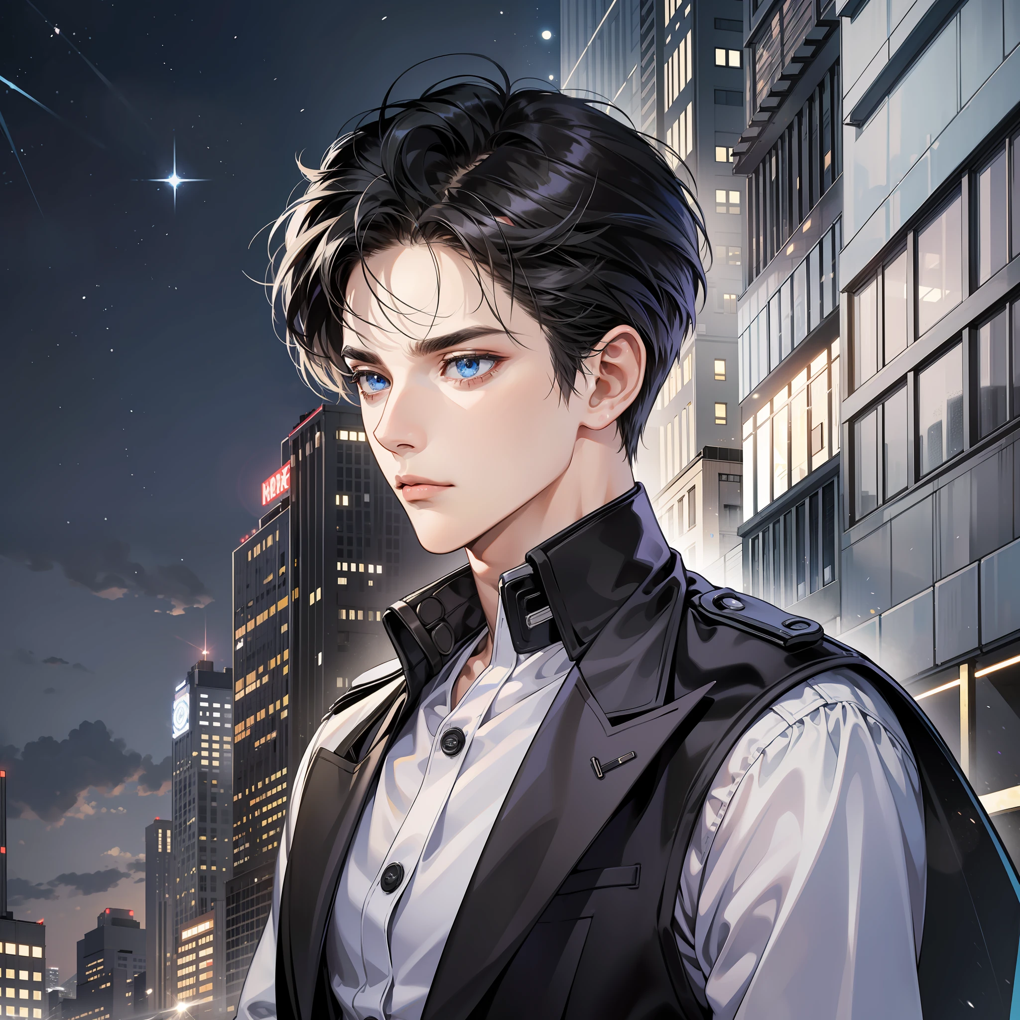 Masterpiece, high quality, best quality, HD, realistic, perfect lighting, detailed face, detailed body, 1 man, black school uniform, black hair, blue eyes, serious expression, standing on the roof, facing away, as if to jump off the building, the sparkling light illuminates the night, the man's eyes are full of a mixture of determination and vulnerability, staring into the distance, the vista