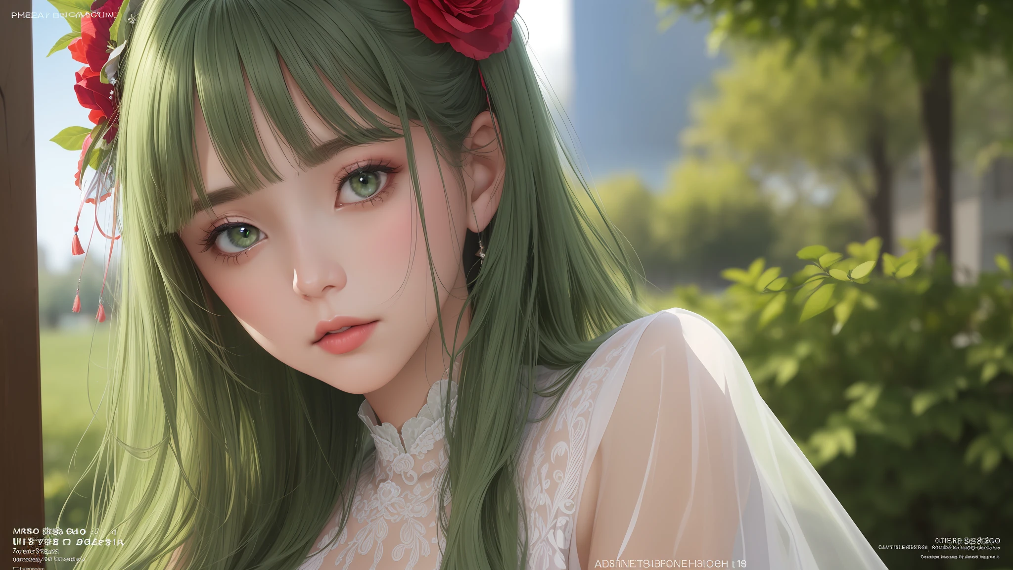 RAW, (masterpiece, best quality, photorealistic, absurdres, 8k:1.2), nsfw, best lighting, complex pupils, detailed background, evening, theater,
1girl, solo, upper body, (close up, face focus:1.2), looking away, cowboy shot, standing, sorry, shiny skin, eyeliner, gothic eyeshadow, blush, flower, medium hair, curly hair, green hair, highly detailed skin,
sheer blouse, hair flower, chocker, see-through, (magazine cover, FashionMagCover, english text, username, watermark, user name, artist name, signature:1.1),