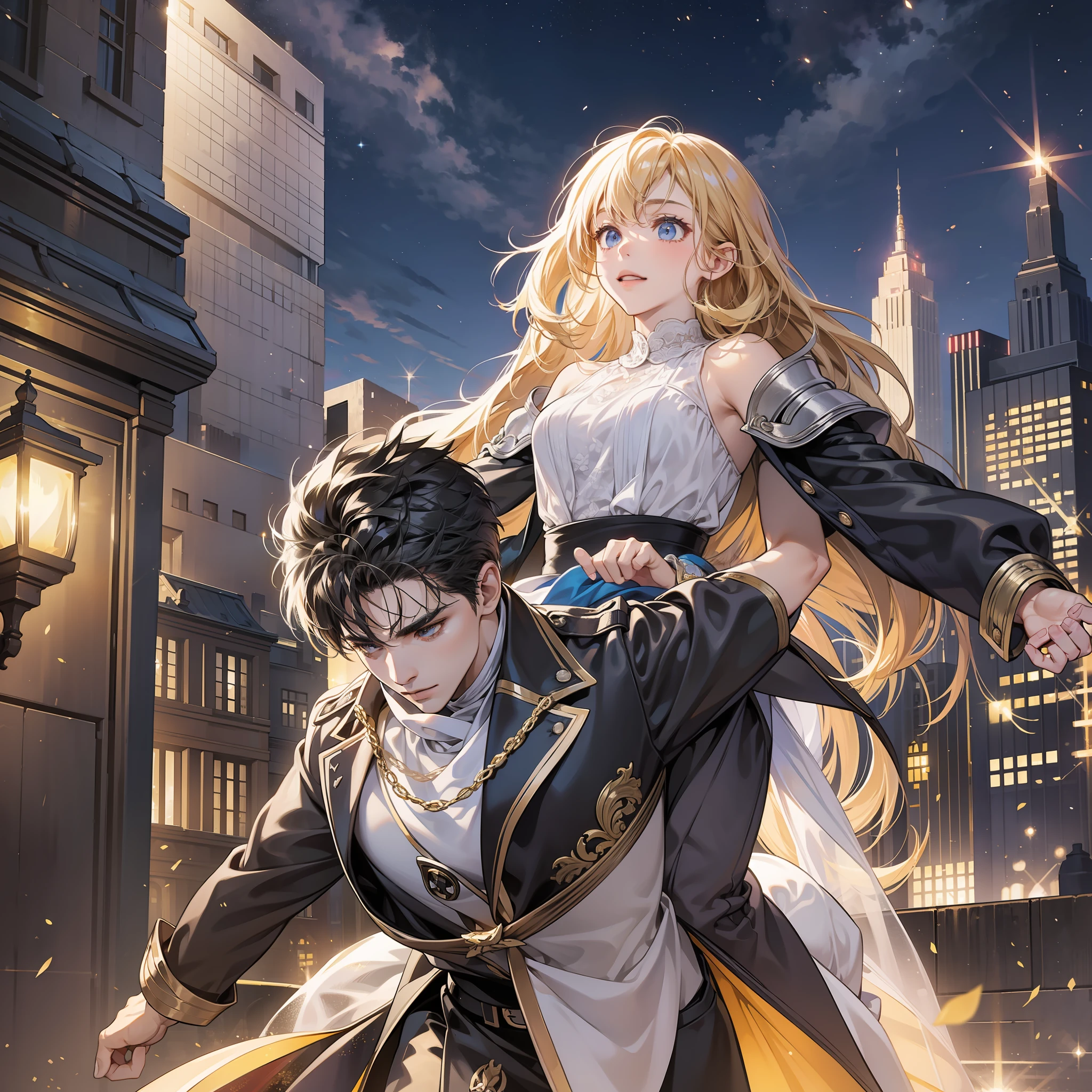 A man carries a woman on his back, the glittering light illuminates the night, and on the rooftop, the third-person perspective