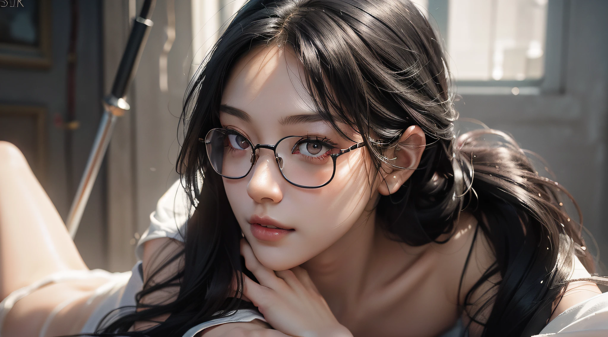 From below, a bewitching and mysterious Japan woman with red eyes, bespectacled beauty, white skin, black hair, bare shoulders, naked, no clothes, no accessories, masterpiece, exquisite and artistic face, affectionate tenderness, piercing gaze, bewitchingly beautiful smile, very detailed and expressive eyes, shiny black hair, highly detailed face and skin texture, highly detailed skin with pores, detailed hand description, detailed leg description, 8K, 16K, top quality, Professional Lighting, Extreme Light and Shadow, Photon Mapping, Radiosity, Movie Lighting, Dramatic Lighting, Photorealism, Exquisite CG, Physical Rendering, Ultra-Realistic Realistic Textures, Unreal Engine 5, Dynamic Angles,