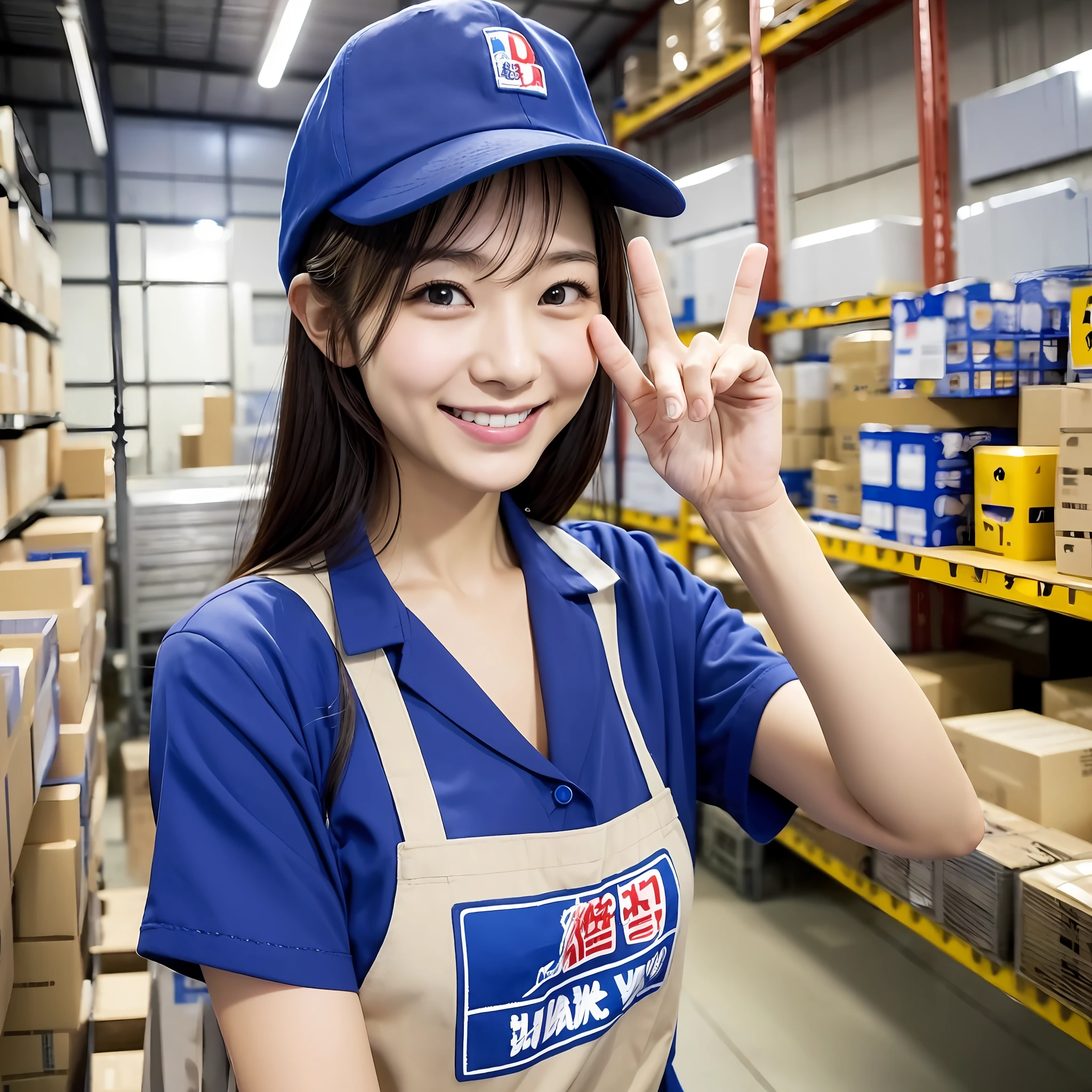 Female Japan in her 30s, wearing blue work clothes shirt, wearing blue cap hat, smiling, showing around warehouse, job opening, peace sign --auto --s2