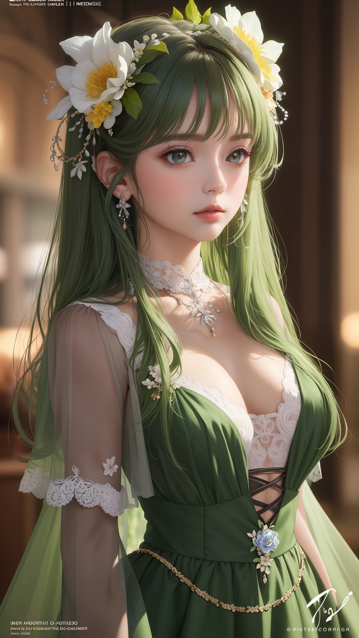 RAW, (masterpiece, best quality, photorealistic, absurdres, 8k:1.2), nsfw, best lighting, complex pupils, detailed background, evening, theater,
1girl, solo, upper body, (close up, face focus:1.2), looking away, cowboy shot, standing, sorry, shiny skin, eyeliner, gothic eyeshadow, blush, flower, medium hair, curly hair, green hair, highly detailed skin,
sheer blouse, hair flower, chocker, see-through, (magazine cover, FashionMagCover, english text, username, watermark, user name, artist name, signature:1.1),