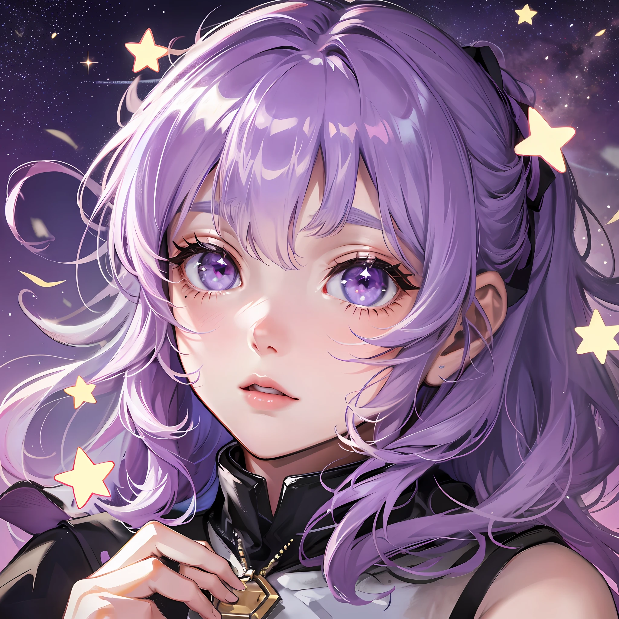 1 girl, face focused, cute, soft cute, light purple hair, stars