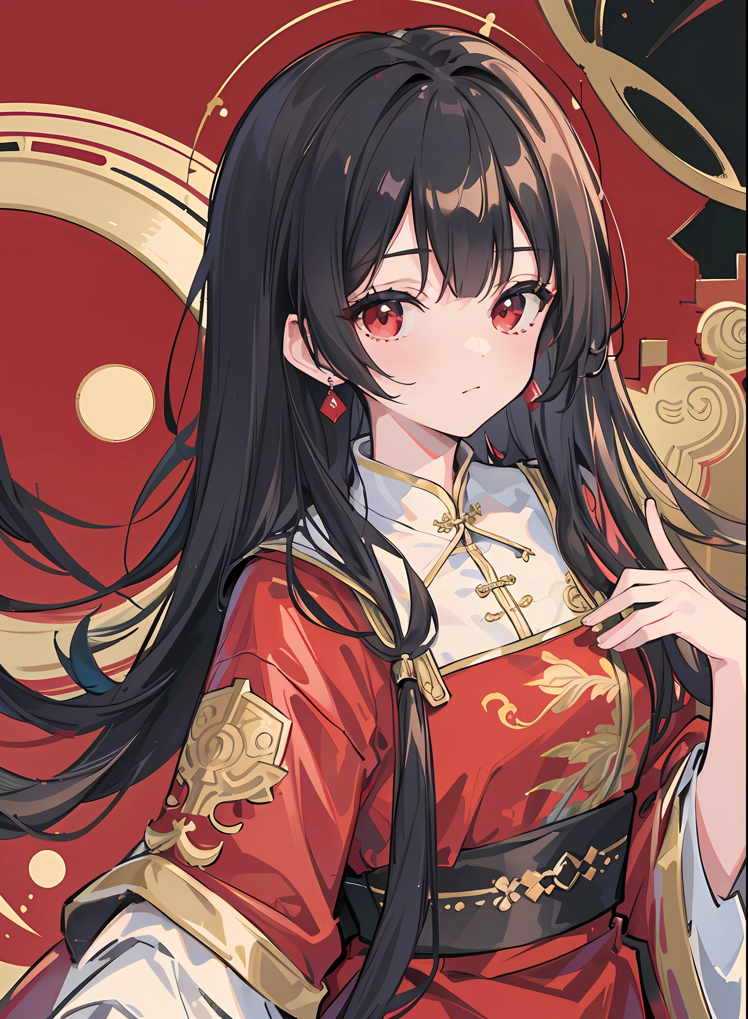 ((top quality, masterpiece, very delicate, highly detailed, 8k wallpaper, wonderful, detailed, masterpiece, highest quality, highly detailed, 8k wallpaper)), red china clothes, black hair,