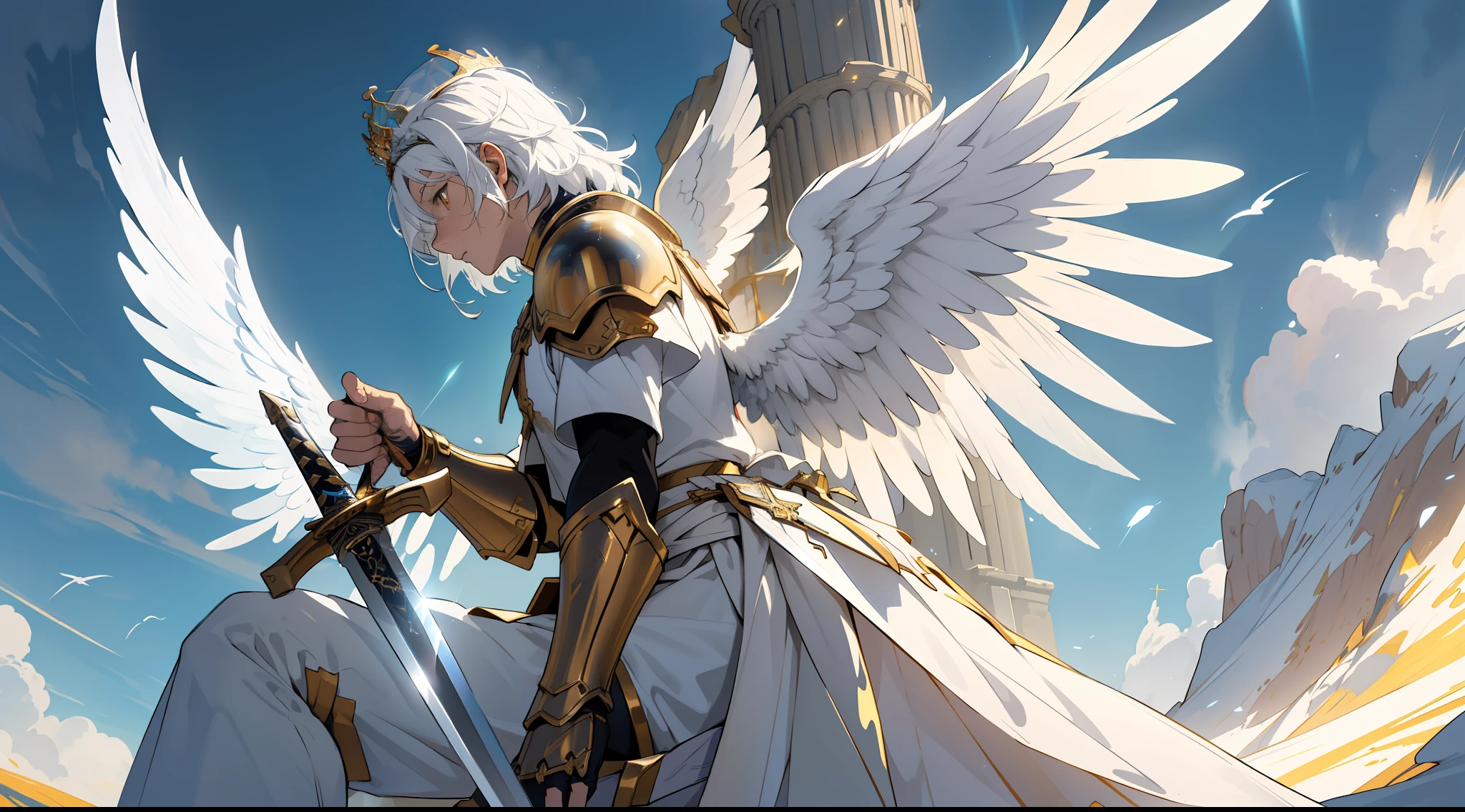 (Ultra detailed), (masterpiece), (best quality), (very detailed CG unit 8k wallpaper), a celestial being with ((powerful angel)) on a medieval (mountain), small light on his armor on the whole body, ((a crown and gold on his head)), a strong light illuminates the place, yellow sky, dawn, (concept art), soft light, illuminated, deformed clouds, cinematic, ((celestial angel)),  highly detailed, wallpaper, horizontal image ((2 white wings)) profile position, ((following a sword)) (helmet)