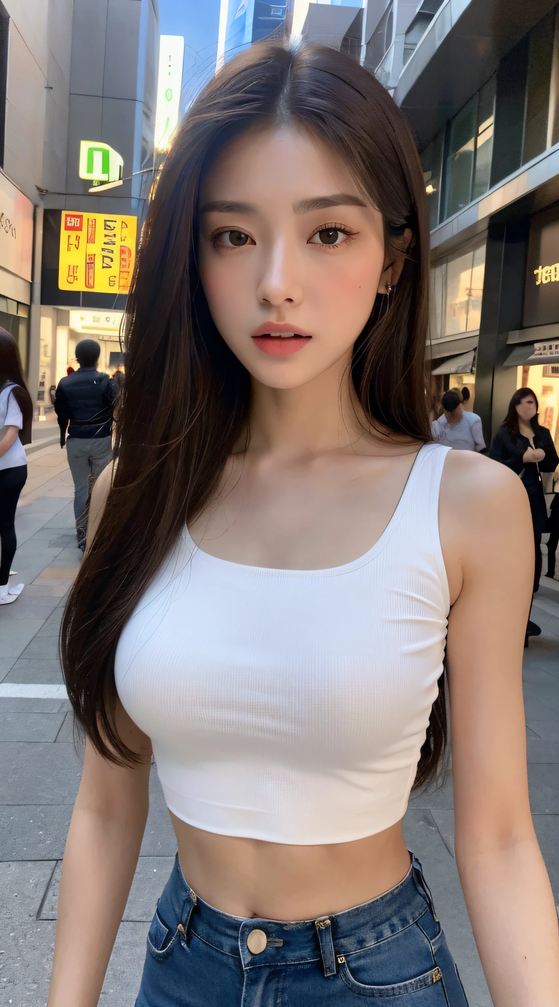 ((Realistic lighting, Best quality, 8K, Masterpiece: 1.3)), Clear focus: 1.2, 1girl, Perfect Figure: 1.4, Slim Abs: 1.1, ((Dark brown hair)), (White crop top: 1.4), (Outdoor, Night: 1.1), City streets, Super fine face, Fine eyes, Double eyelids,