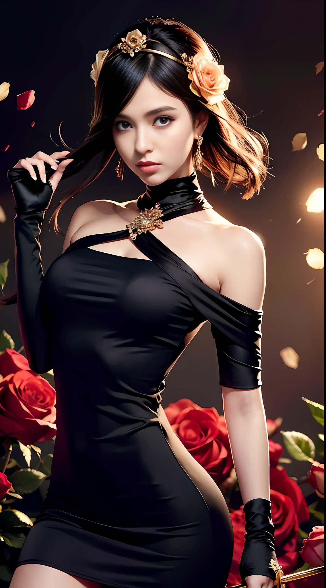 8k, RAW photos, high sensitivity, highest quality, masterpiece, ultra high resolution, photorealistic: 1.25), ((SPY family yoru))), jorbair, 1girl, backlit, bare shoulders, black background, ((black dress)), black gloves, black hair, blood, face blood, weapon blood, chest, mouth closed, cowboy shot, dress, earrings, expressionless, fingerless gloves, floating hair , floral, flower, glove, gold earrings, gold hair band, hair flower, hair ornament, hair band, holding, weapon, jewelry, big, light particles, long hair, viewer show, off-shoulder dress, off-shoulder, petal, red eye, rose, rose petal, rose print, short hair with long lock, side lock, solo, spike, thigh, double-sided dress, double-sided fabric, weapon, ((masterpiece))