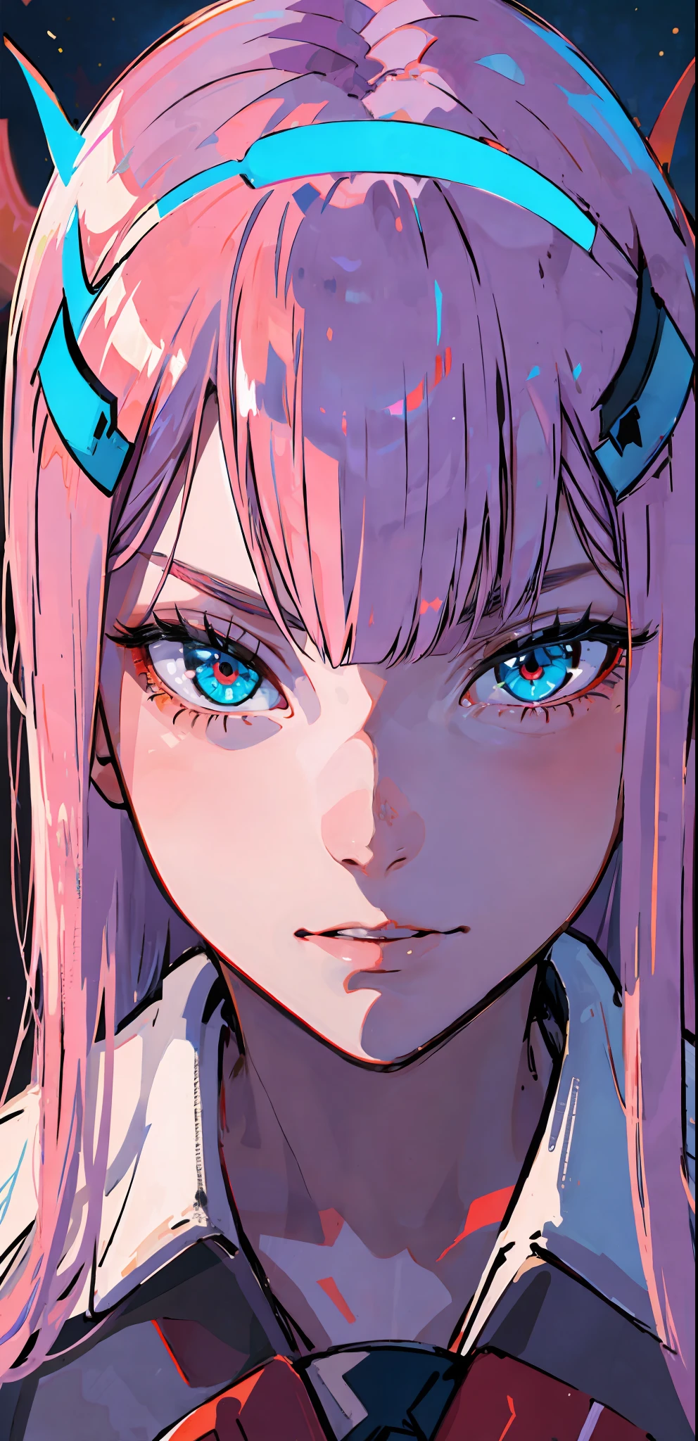 ((masterpiece, best quality)), (1girl), (solo), (female focus), Zero Two (Darling_in_the_Franxx), very detailed face, real image, white skin, realistic body, realistic skin, psycho face, psycho eyes, pink hair, long hair, intimidating look, cyan eyes, big red horns, orange tie, small breasts, moon, night, sky, clouds