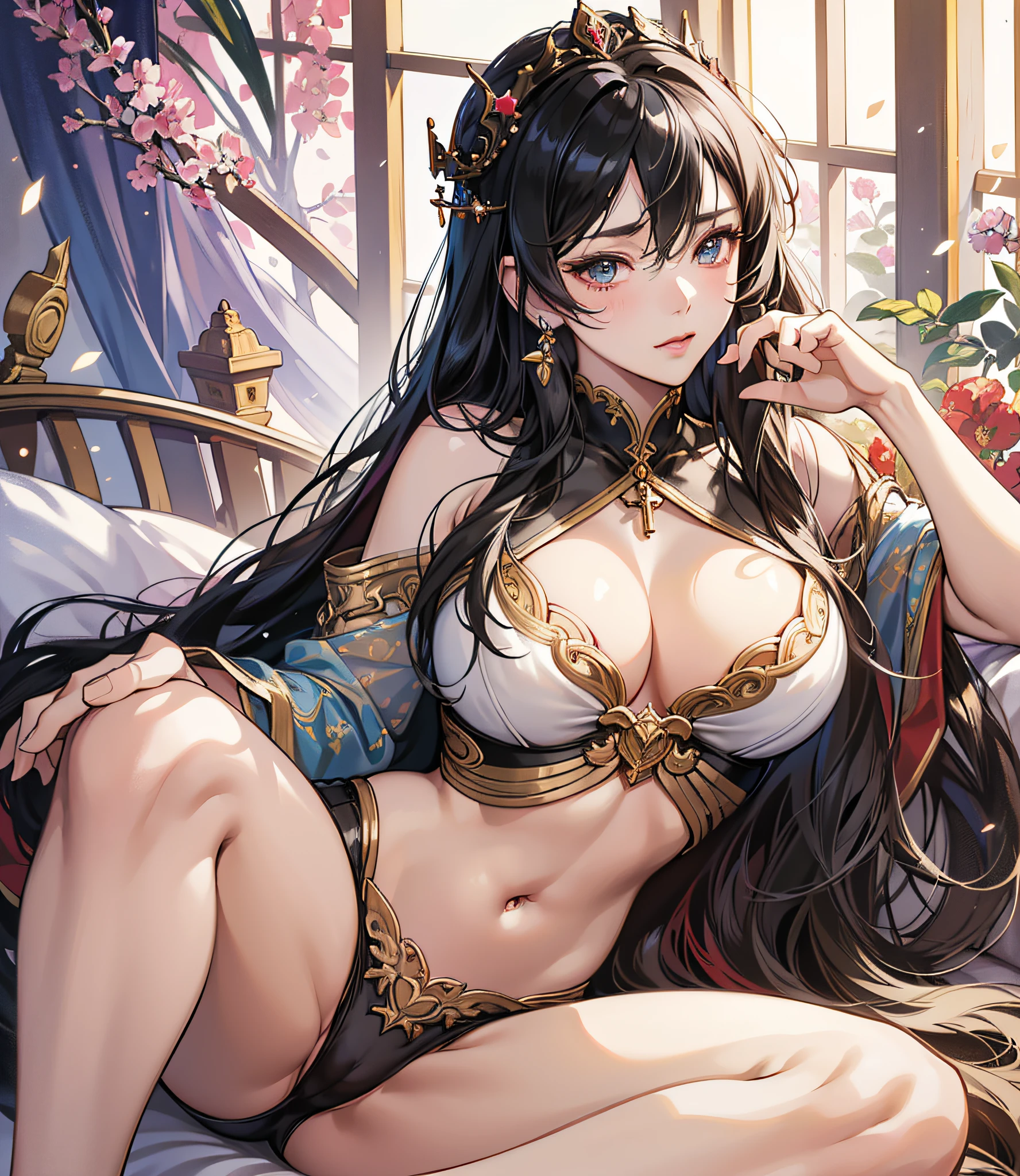 nsfw: 1.5, masterpiece, top quality, high quality, high definition, PureErosFace_V1, __focus__, detail: 1.5, high definition: 1.5, detailed beautiful delicate eyes, perfect proportions face, detailed skin, best ratio four fingers and one thumb, black hair, semi-long hair: 1.5, huge breasts, camel toe, lying down, staring at me, (spreading my legs:1.5, blushing, smooth midriff, skinny, sheer, black and white and gold underwear, __fashion__, __location__, anime - style image of a woman in a bikini laying on a bed, a detailed painting by Yang J, pixiv, fantasy art, seductive anime girl, anime goddess, extremely detailed artgerm, keqing from genshin impact, beautiful alluring anime woman, cushart krenz key art feminine, ((a beautiful fantasy empress)) --auto --s2